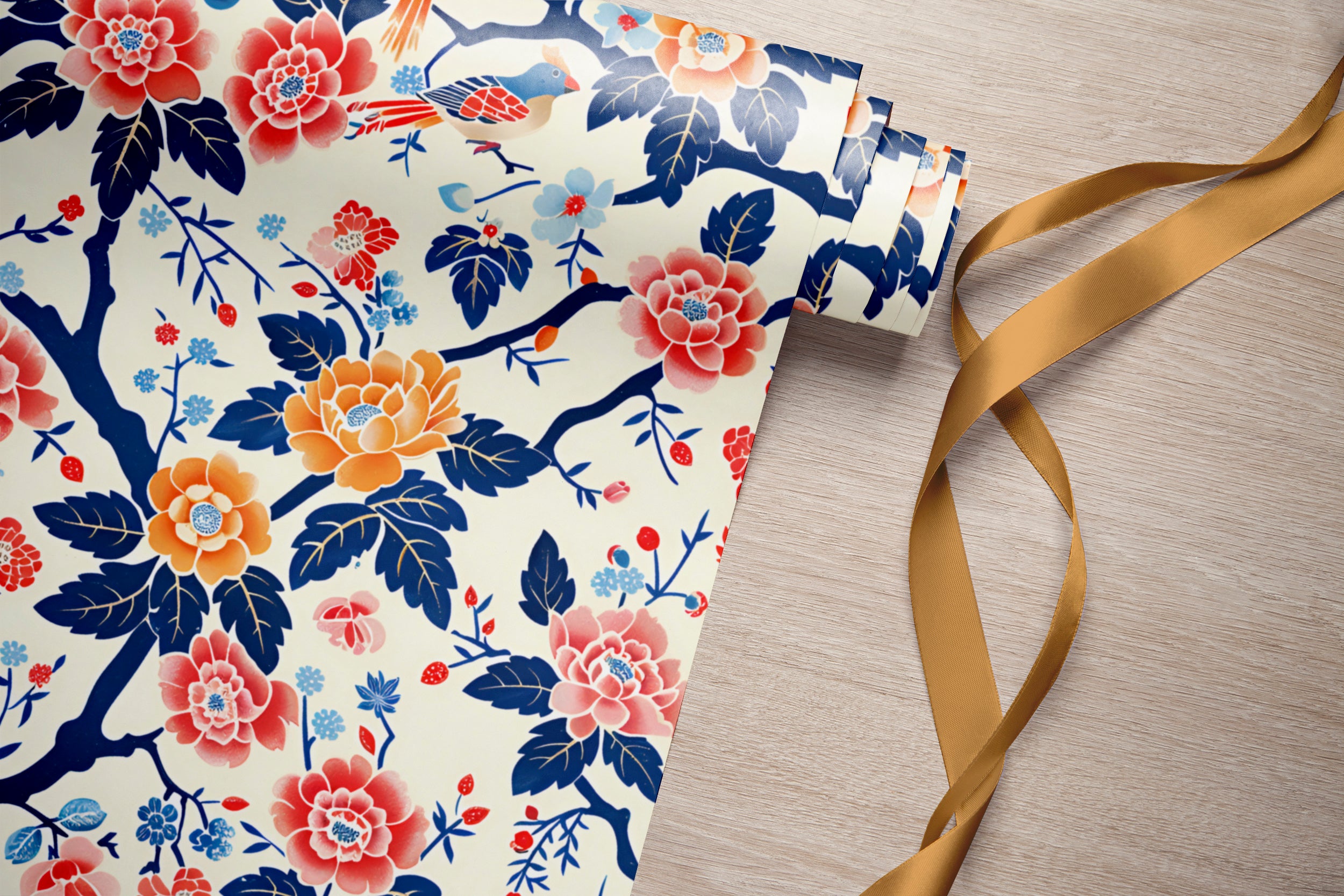 Red yellow flowers on white wallpaper Chinoiserie style colorful botanical wallpaper