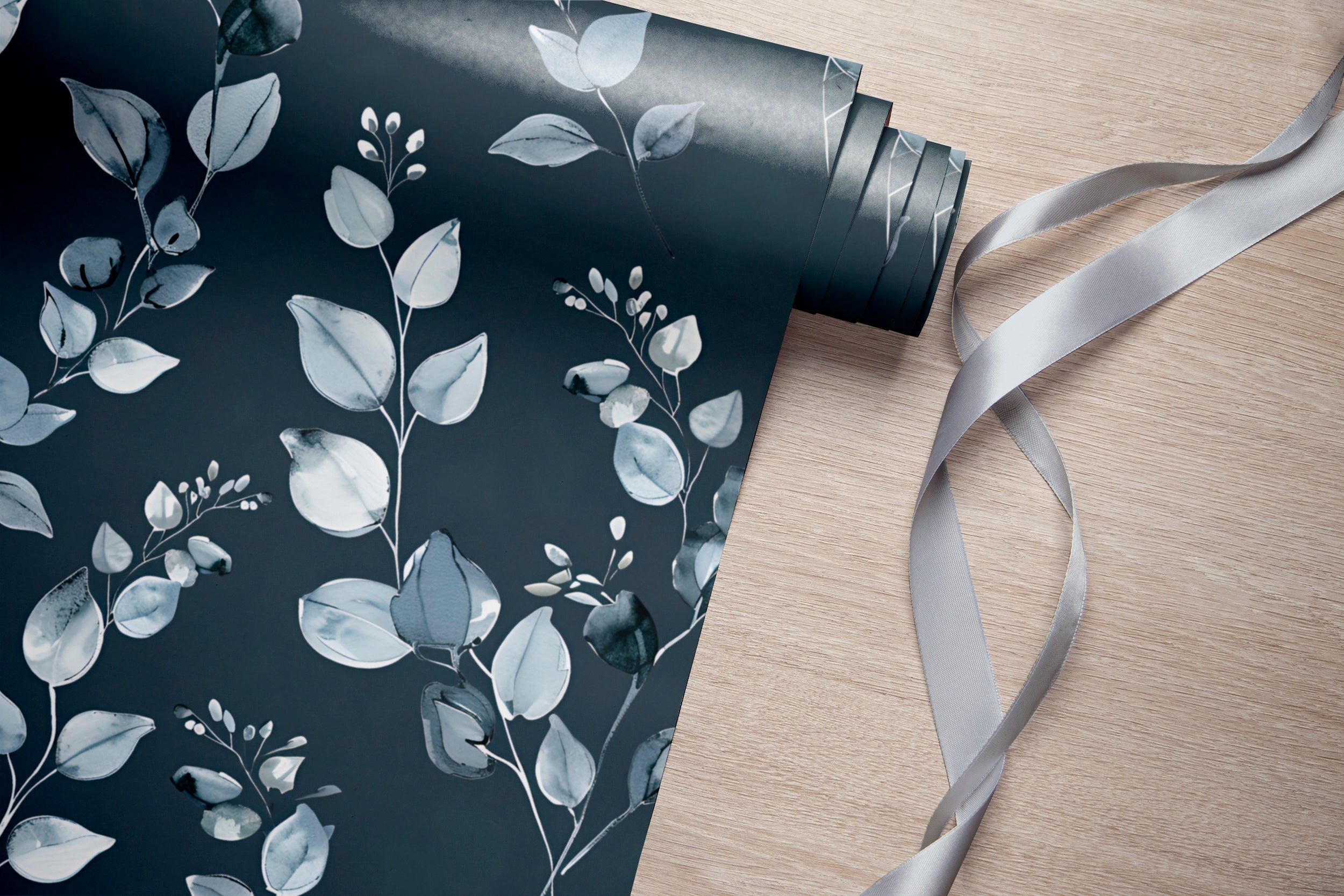 Dark Blue Botanical Wallpaper, Watercolor Grey Leaves Wallpaper, Peel and Stick Silver and Blue Wall Decor, Minimalistic Blue Leaf Pattern