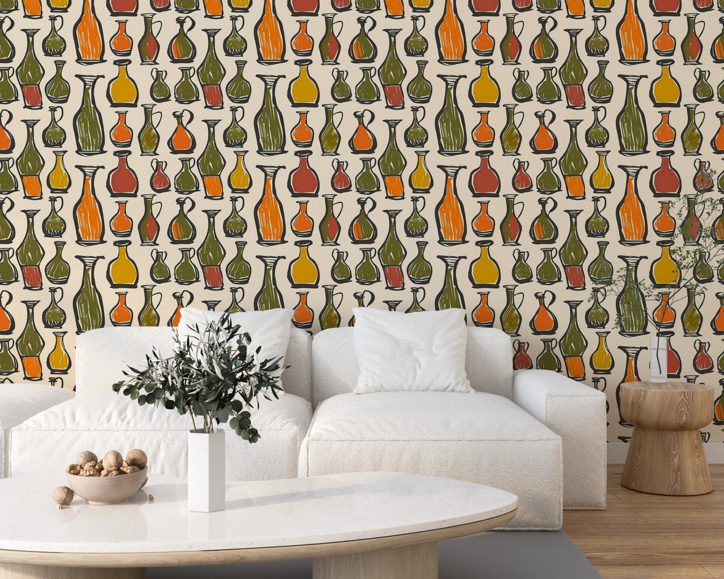 Colorful Vases and Bottles Wallpaper, Peel and Stick Abstract Accent Wallpaper, Green and Orange Modern Art