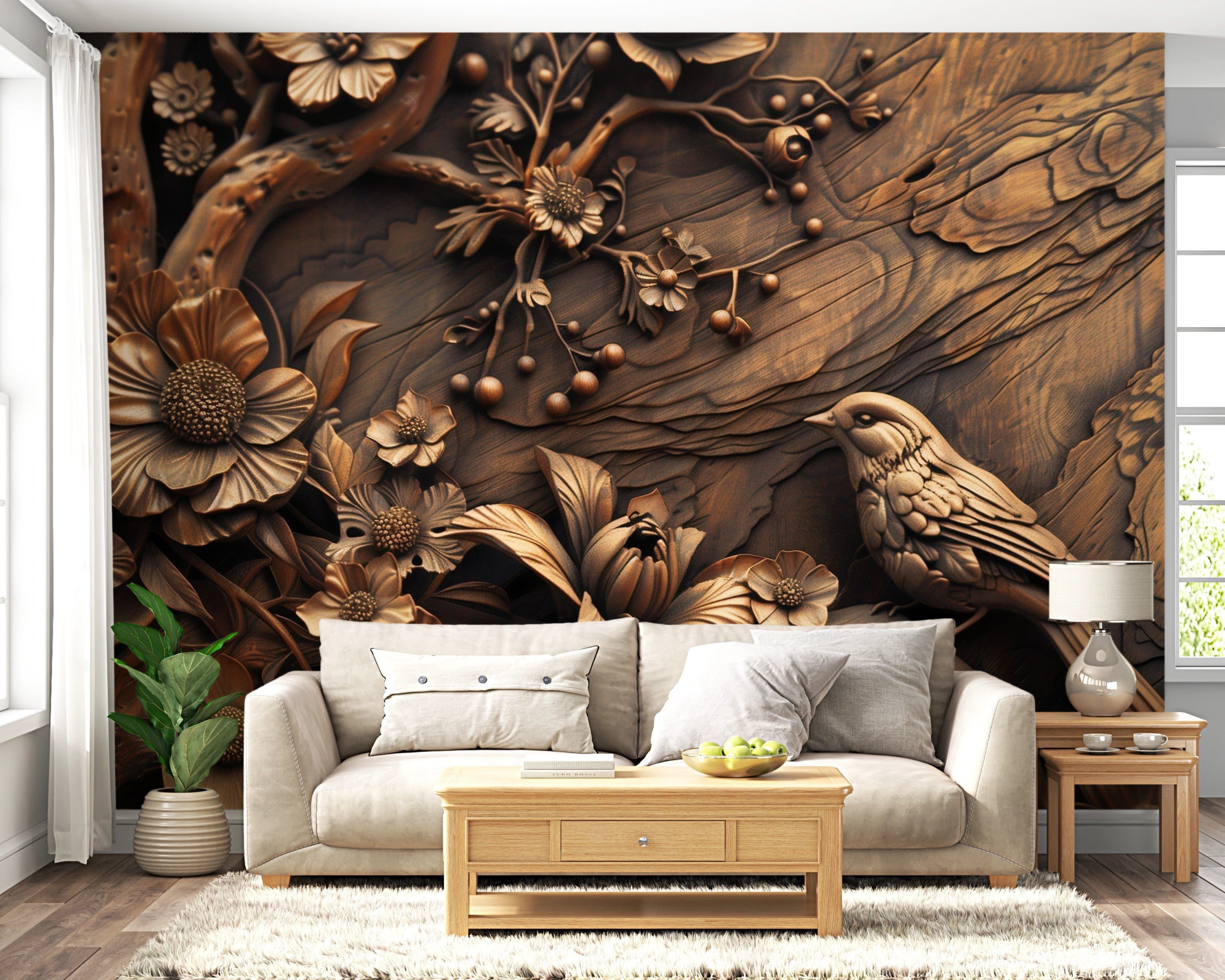 Wood Carving Style Wall Mural, Peel and Stick Wooden Look Wallpaper, Dark Brown Chinoiserie Wall Art, Bird and Flowers Removable Decor