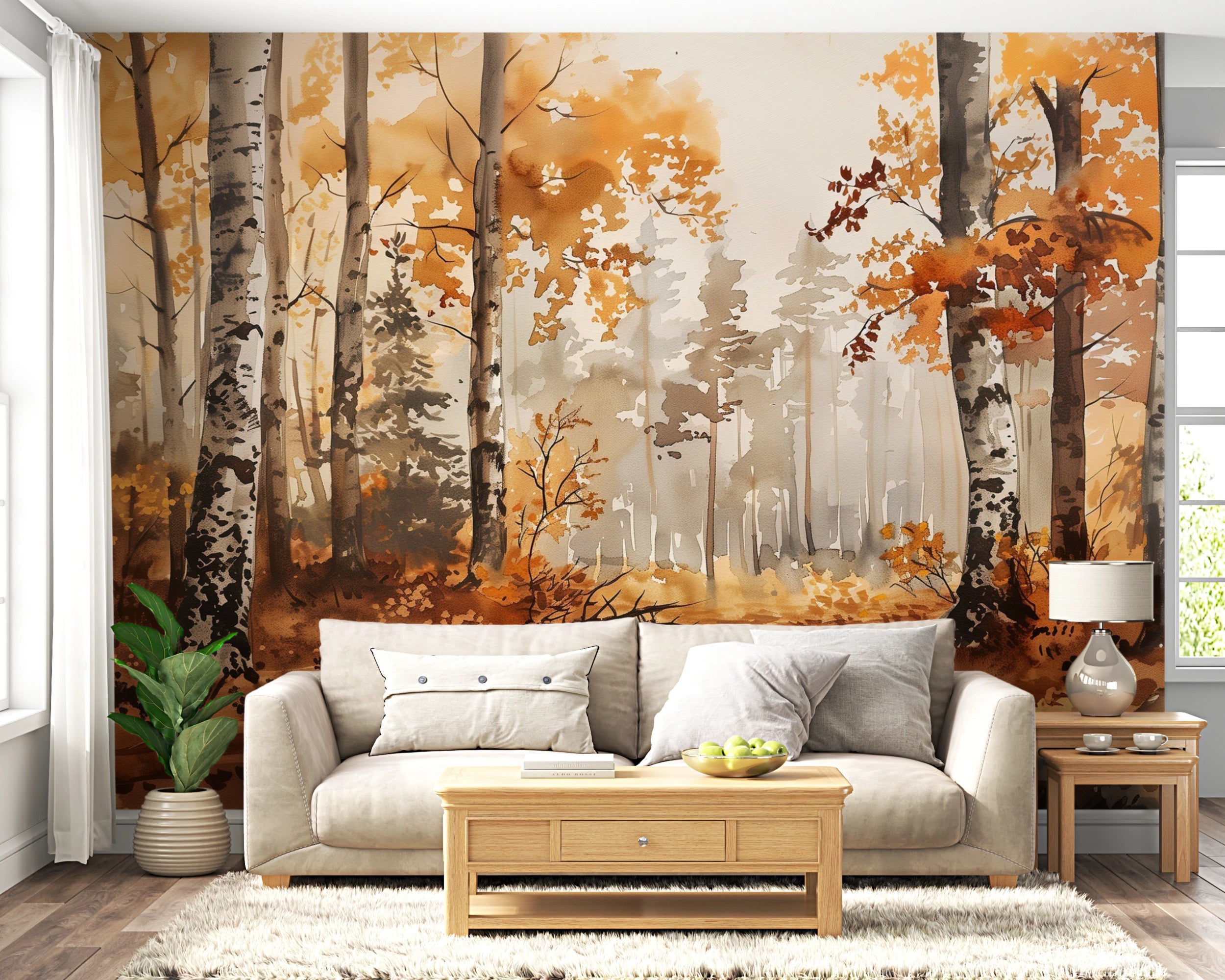 Birch Grove Wall Mural, Autumn Forest Wallpaper, Peel and Stick Orange Forest Art, Removable Colorful Nature Wall Decor