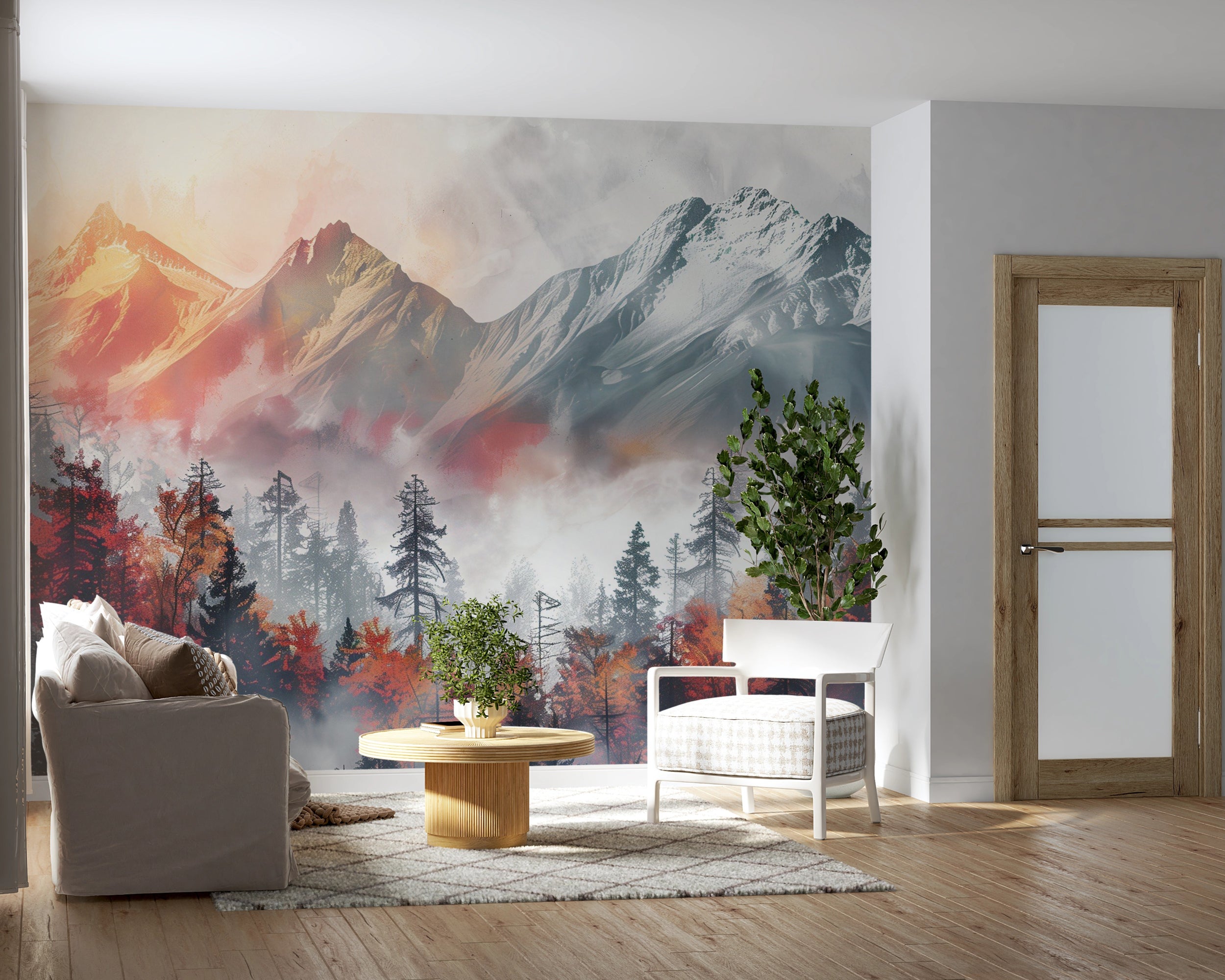 Grey and Orange Mountains and Pine Forest Wall Mural, Peel and Stick Foggy Landscape Mural, Removable Sunset Mountain Decor
