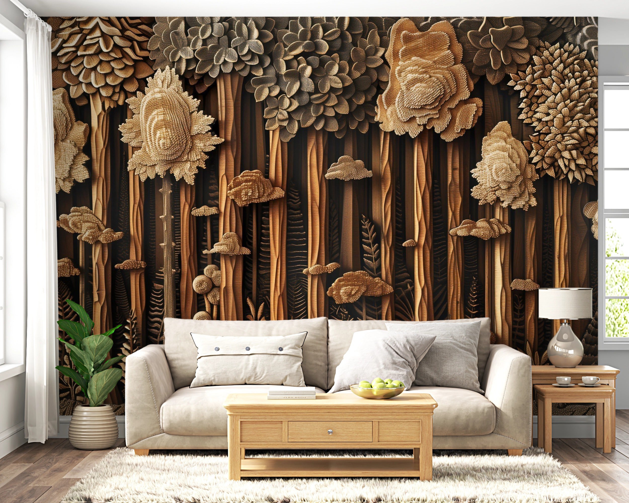 Wood Carving Style Forest Wall Mural, Peel and Stick Wooden Trees Wall Decor, Dark Brown Wooden Look Accent Wall Wallpaper