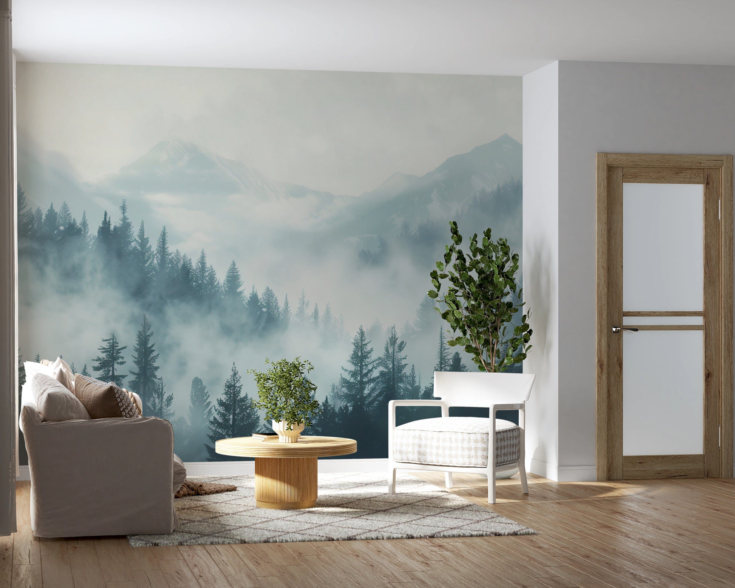 Watercolor Blue Forest and Mountains Mural, Peel and Stick Pine Forest Wallpaper, Soft Blue Nursery Removable Nature Wall Decor