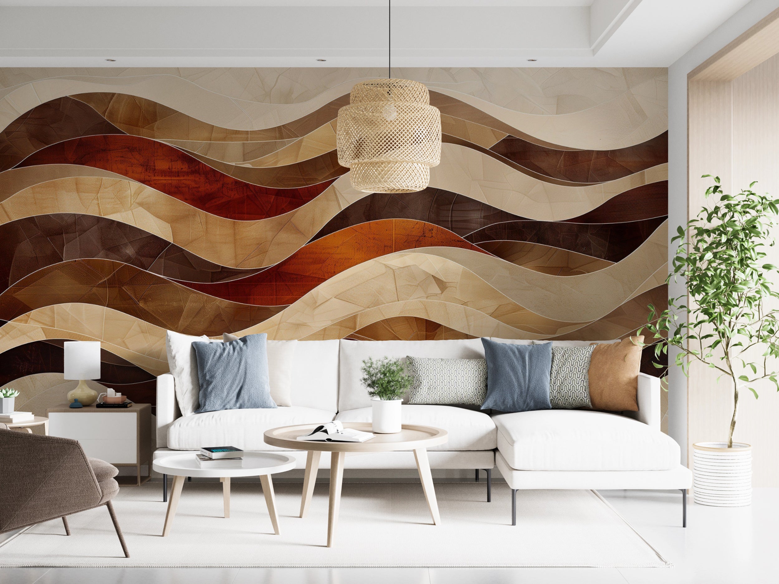 Brown and Beige Boho Wavy Mural, Peel and Stick Geometric Wallpaper, Removable Abstract Wavy Line Art, Modern Wall Decor