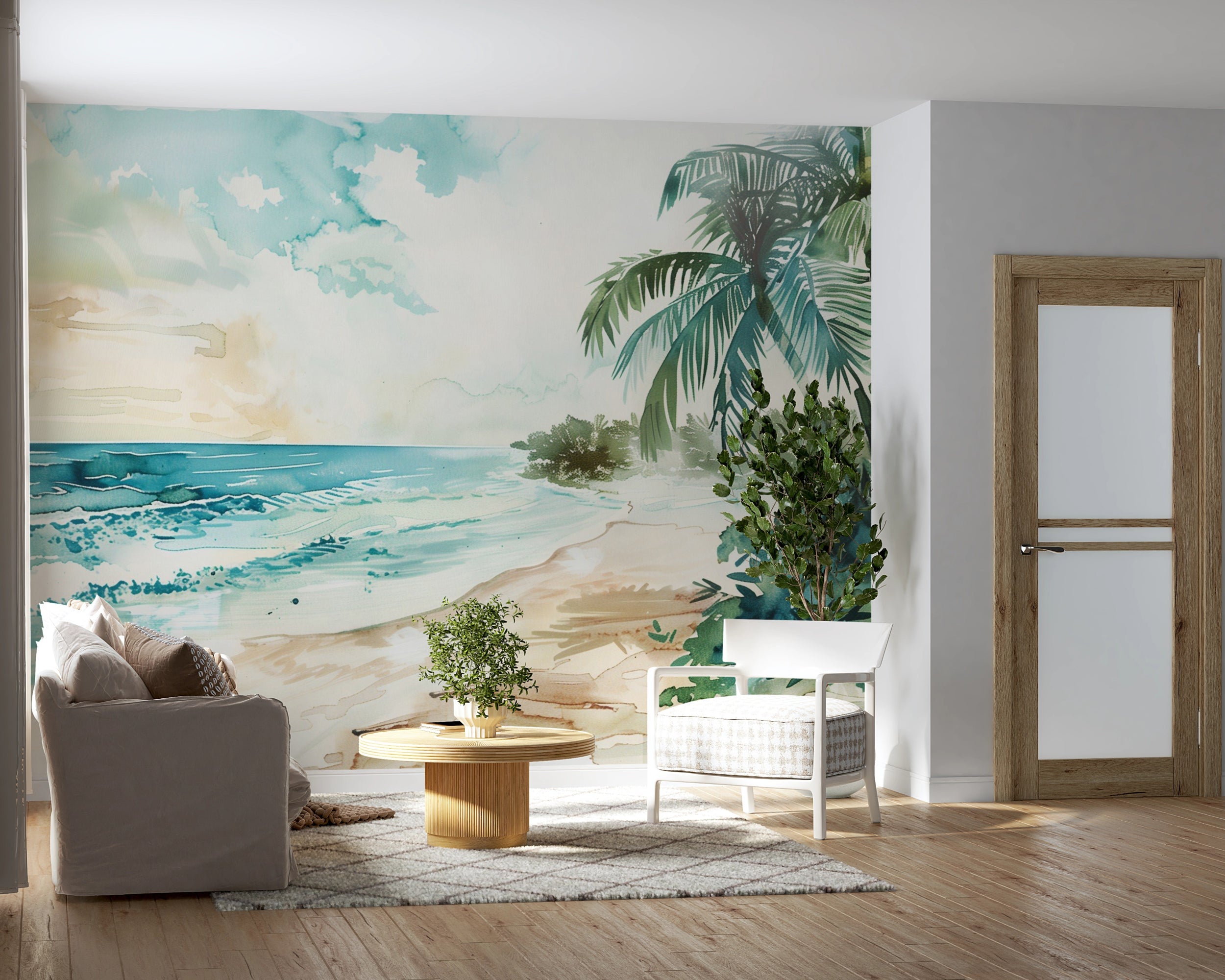 Coastal Mural, Peel and Stick Watercolor Paradise Beach Wallpaper, Ocean and Palm Tree Dreamy Wall Decor