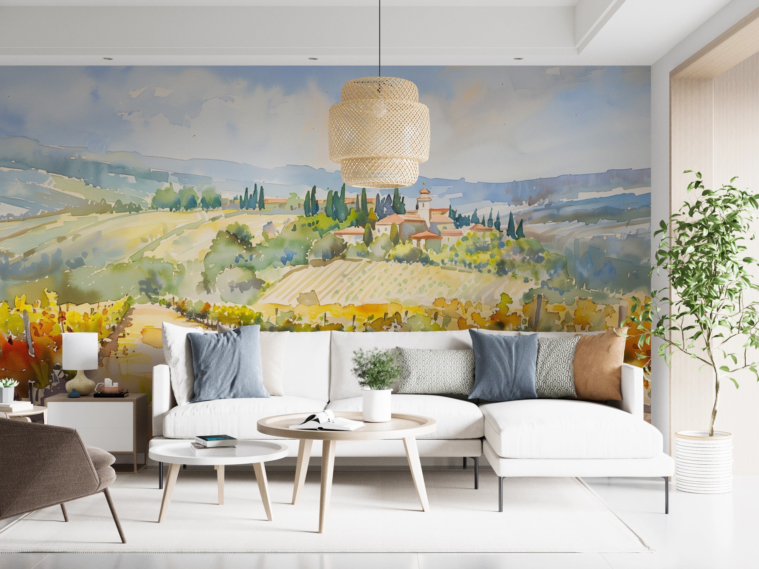 Watercolor Vineyard Wall Mural, Peel and Stick Italian Landscape Wallpaper, Field and House Scenic Removable Mural