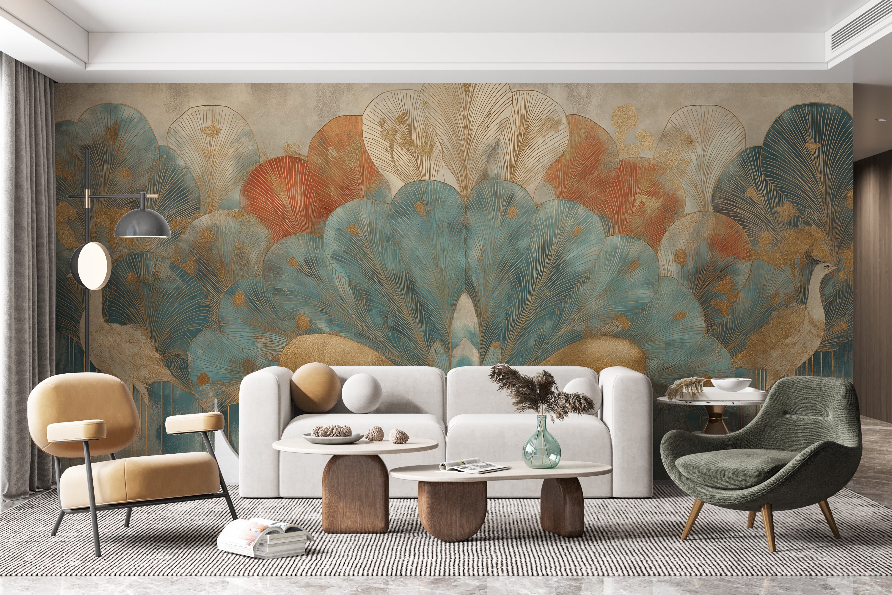 Hand-drawn peacock feather mural for modern boutique interiors