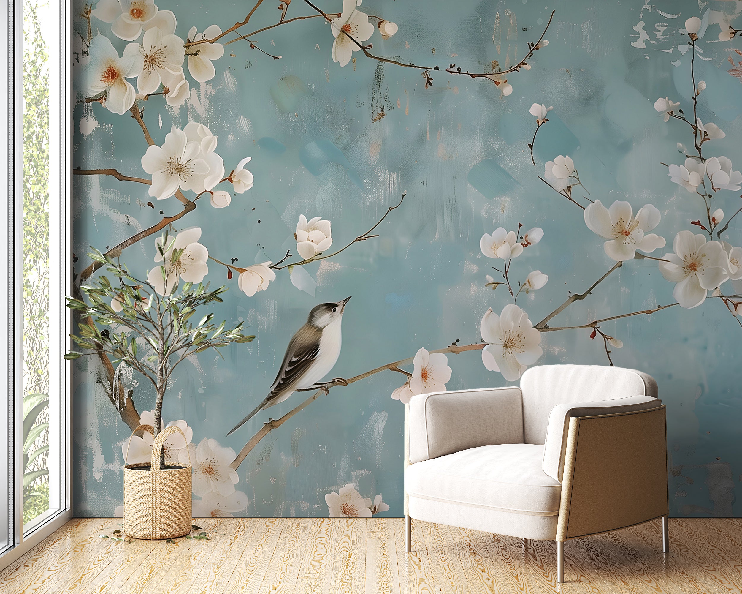 Soft Blue Chinoiserie Mural, Delicate Botanical Wallpaper, Peel and Stick Floral Wall Decor, Flowers and Birds Japanese Wall Art