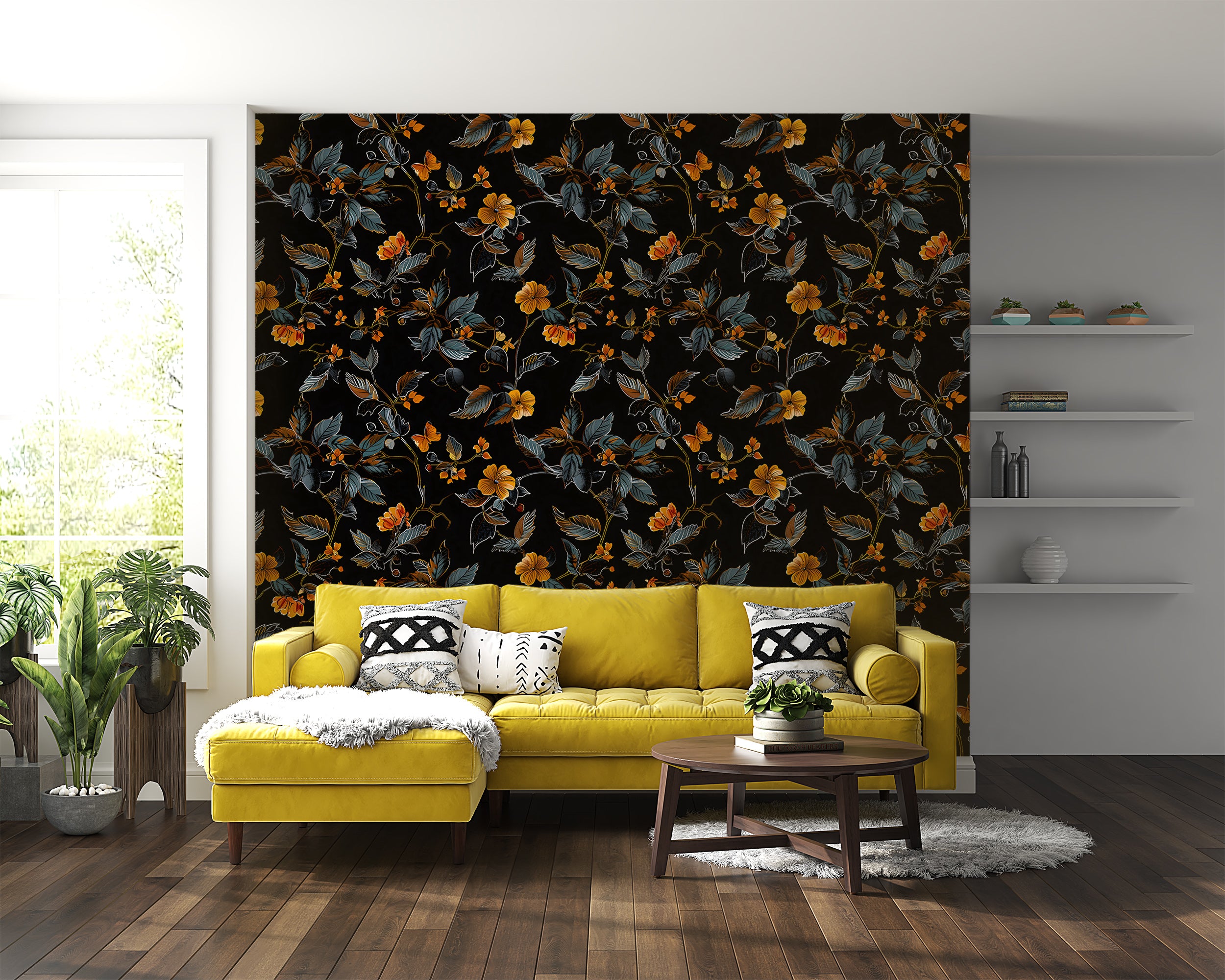 Abstract Dark Floral Wallpaper, Black and Orange Botanical Wallpaper, Peel and Stick Orange Flowers Wall Decal, Removable Floral Decor