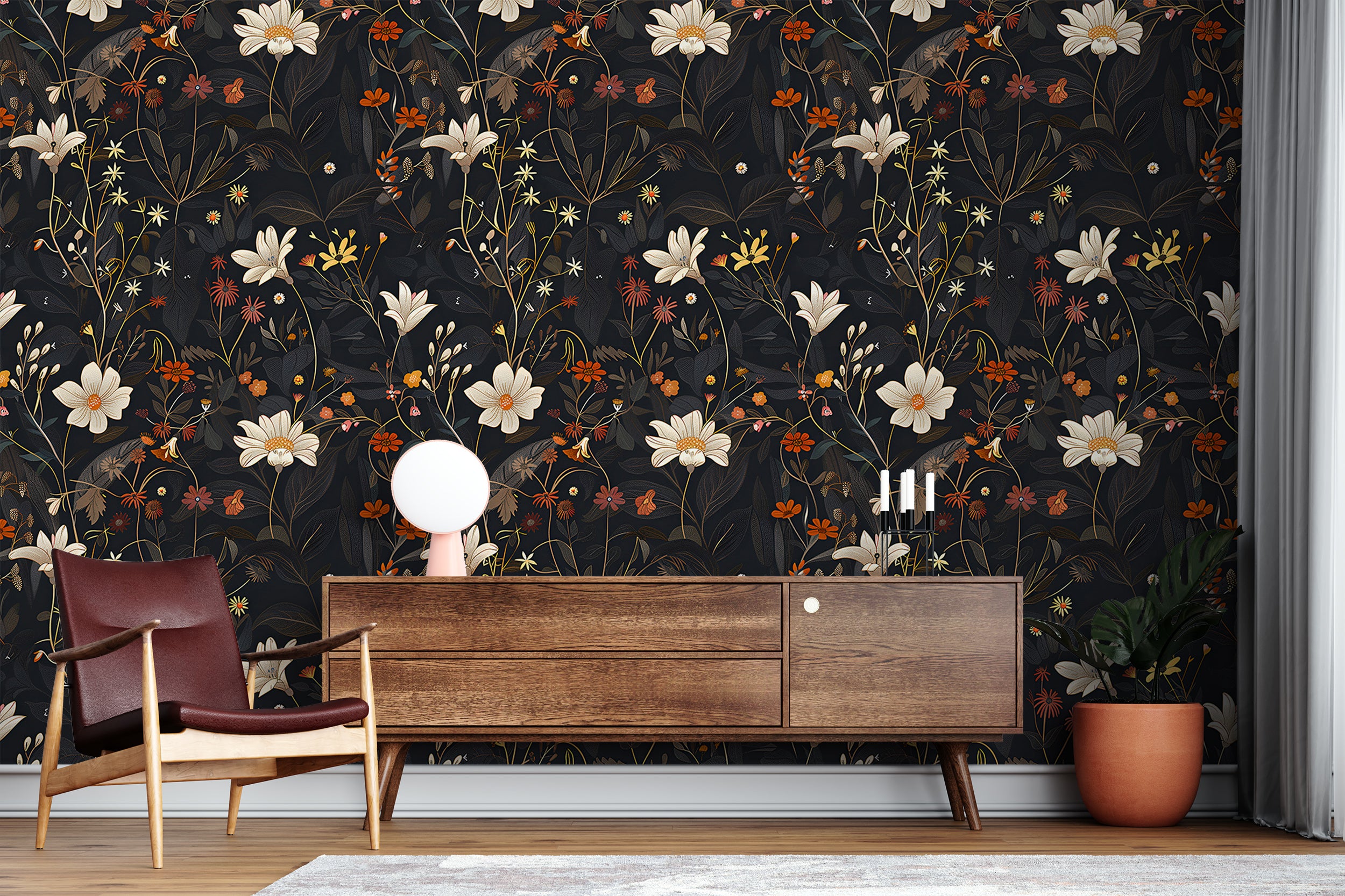 Wild Flowers Dark Wallpaper, Meadow Flower Peel and Stick Wall Decal, Black and Red Botanical Wallpaper, Dark Field Floral Decor