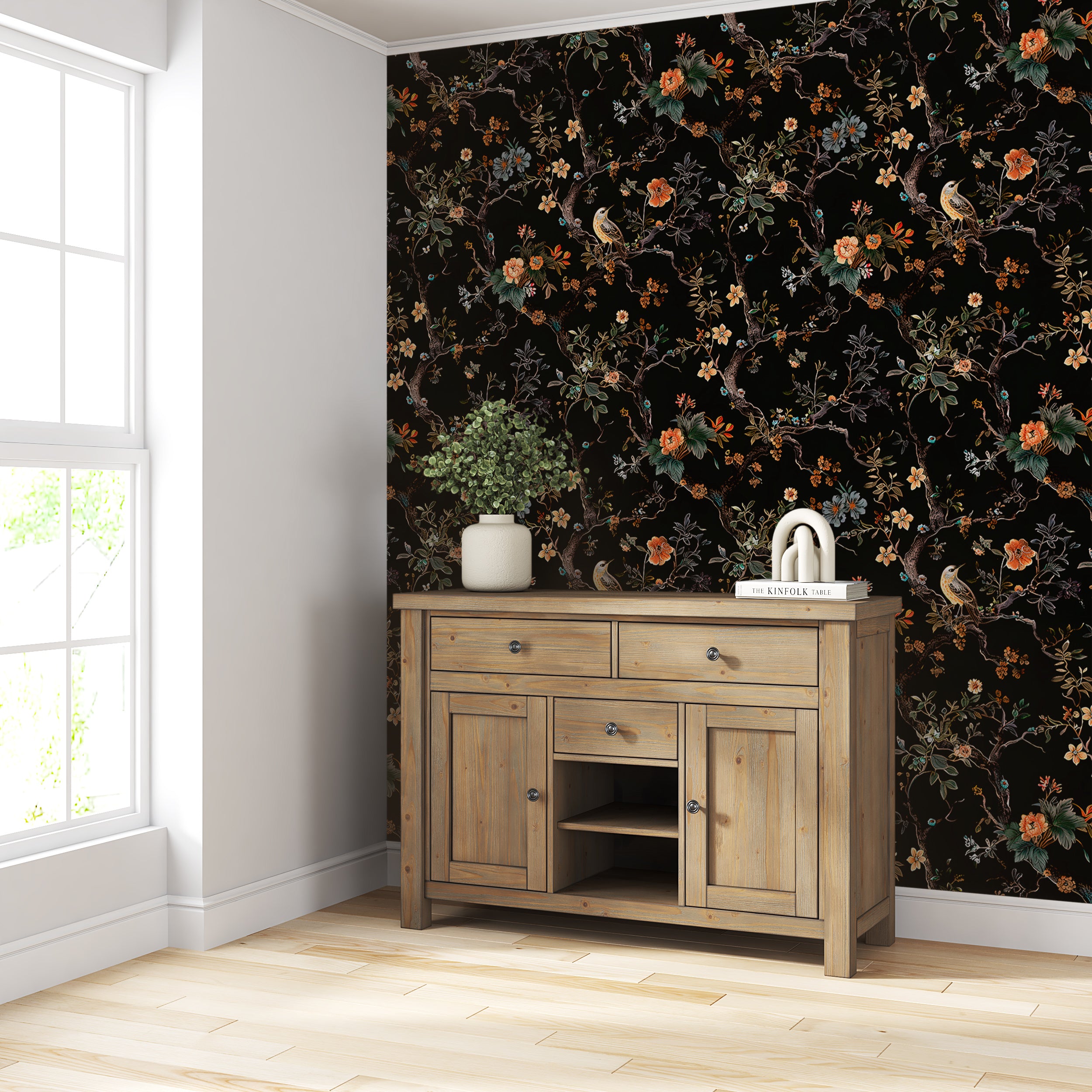Dark Chinoiserie Wallpaper, Peel and Stick Flowers Decal, Birds and Flowers Removable Wallpaper, Black Botanical Wall Art