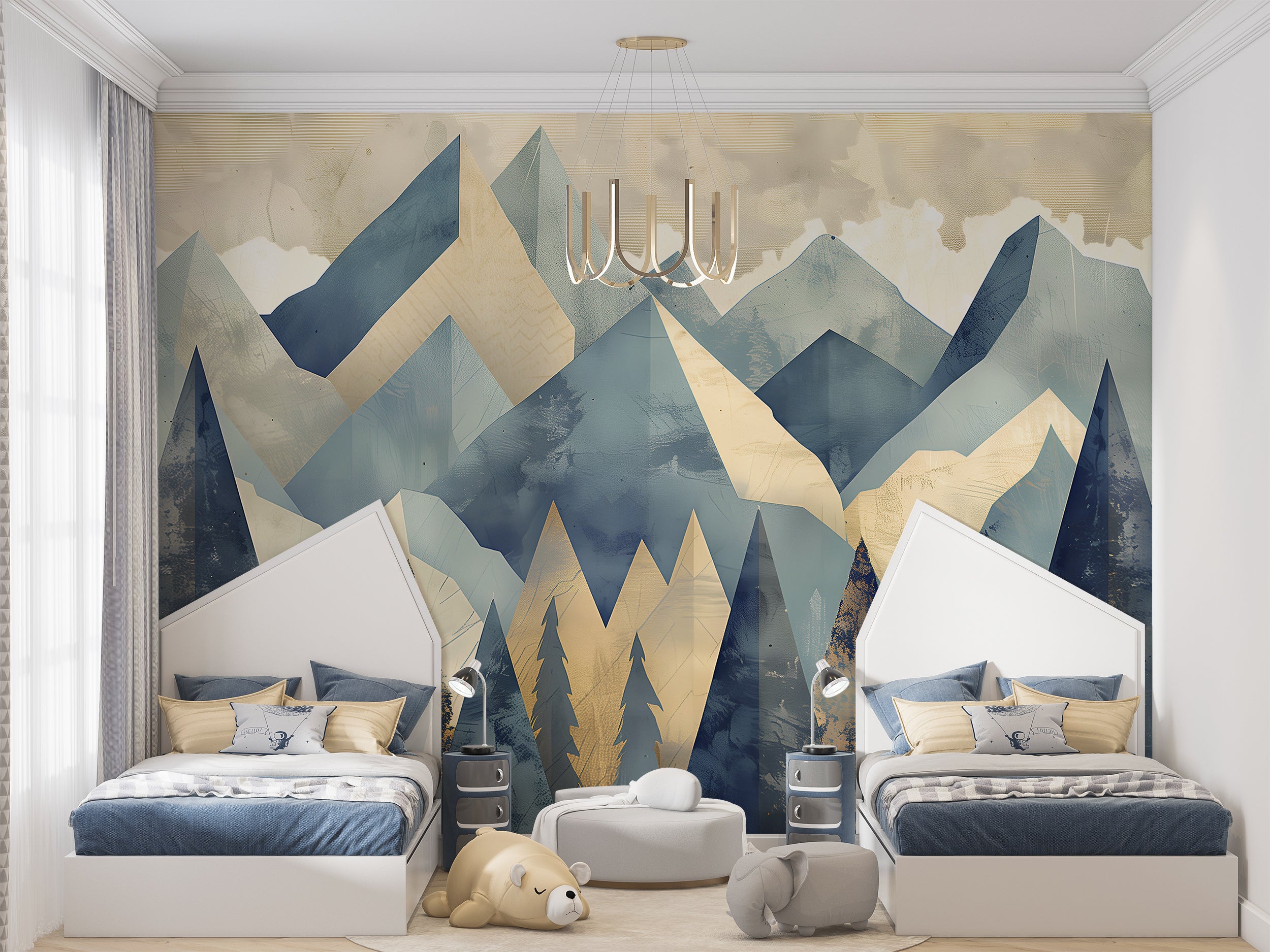 Mountains in Cubism Style Mural, Peel and Stick Abstract Landscape Mural, Blue & Beige Pastel Colors Mountains and Forest Wallpaper