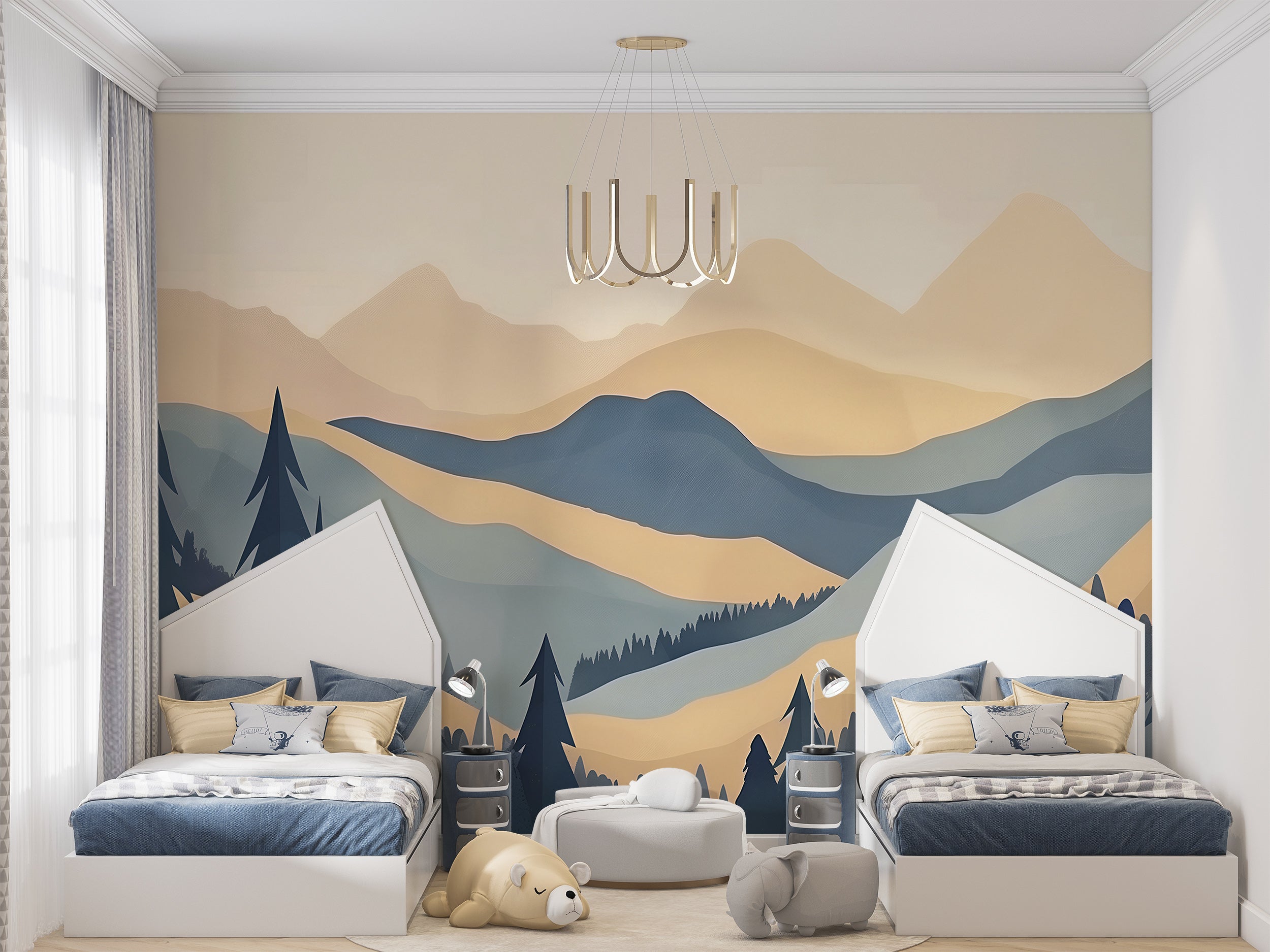 Boho Mountains and Forest Mural, Peel and Stick Landscape Mural, Beige and Blue Nature Wallpaper, Soft Watercolor Mountains Decor