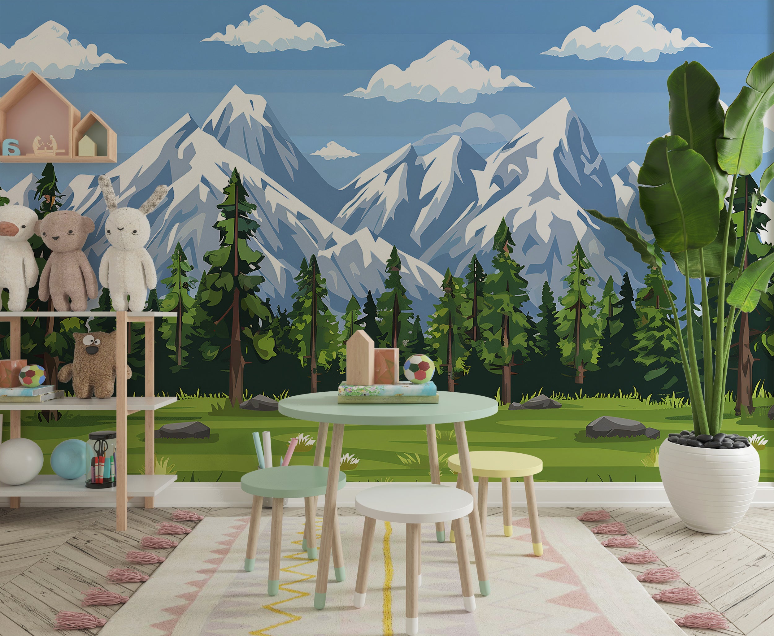 Colorful Nursery Landscape Mural, Kids Room Accent Wall Cartoon Style Nature Mural, Peel and Stick Mountains and Forest Wallpaper