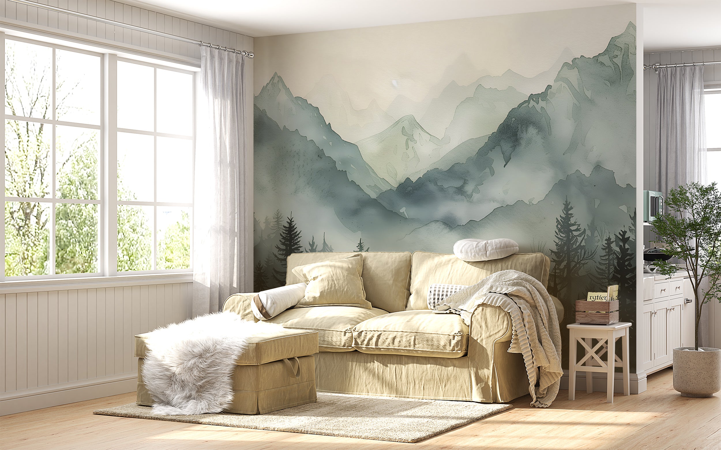 Green Mountains Wall Mural, Watercolor Foggy Forest and Mountains Wallpaper, Peel and Stick Nursery Soft Nature Mural, Wild Nature Art