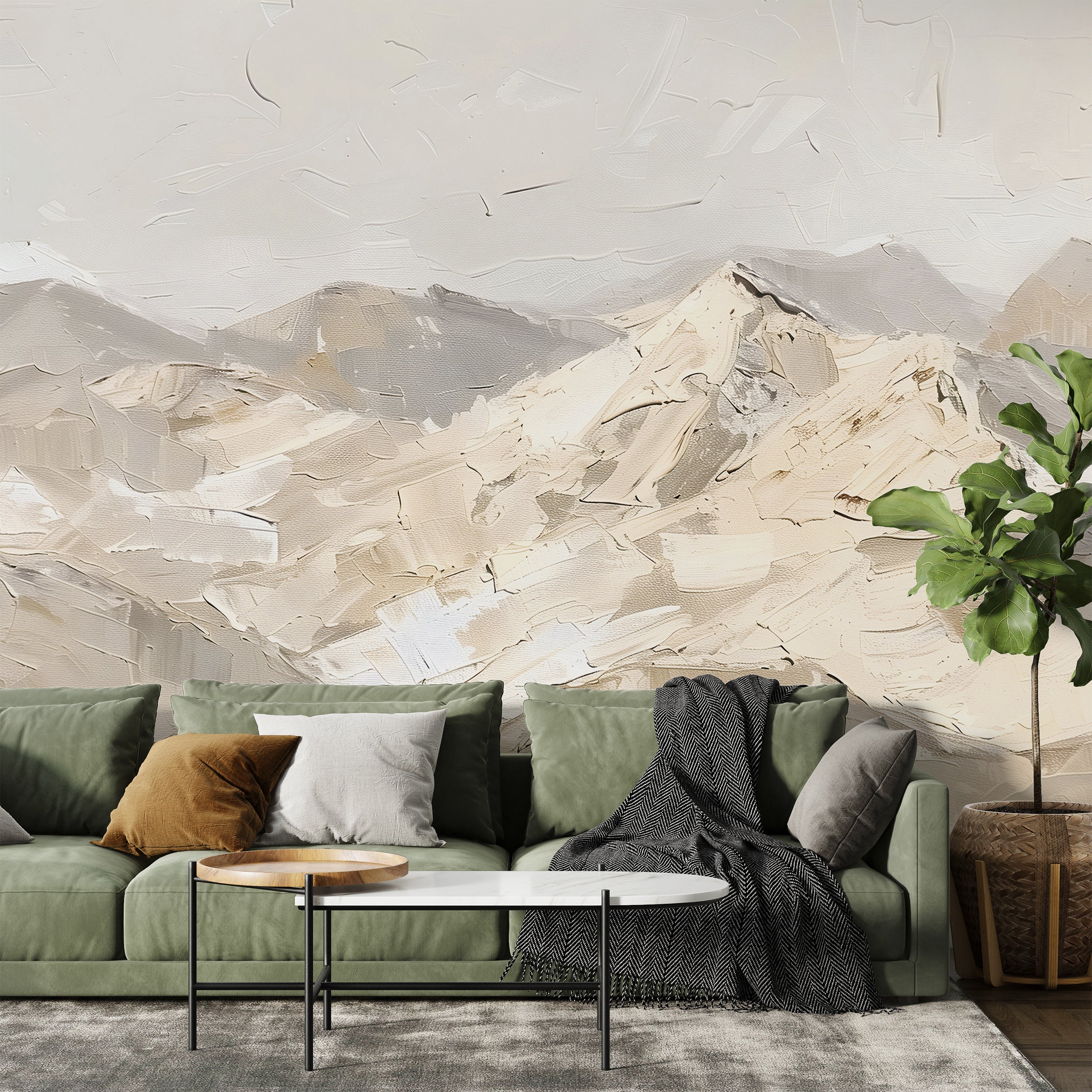 Beige Mountains in Palette Knife Style Mural, Abstract Peel and Stick Landscape Art, Removable Mountains Oil Painting Wallpaper