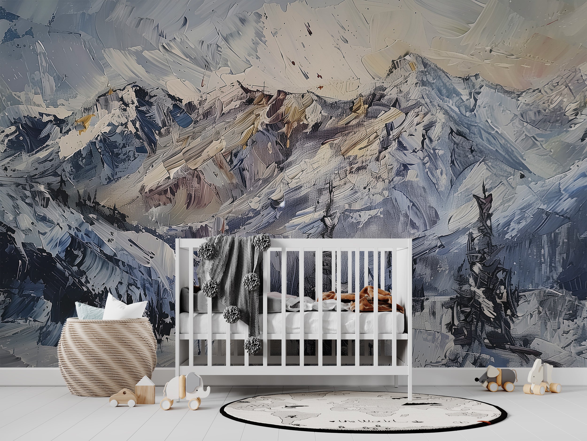 Abstract Oil Painting of Snowy Mountains Mural, Peel and Stick Mountains, Snowy Landscape Wallpaper, Blue and White Mountain Mural