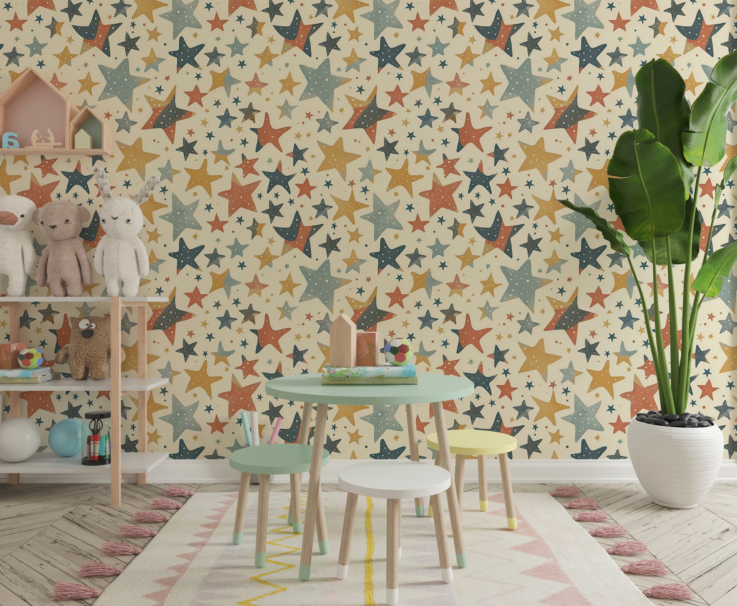 Small and Large Stars Wallpaper, Multicolor Kids Room Stars Wall Decor, Self-adhesive Starry Wallpaper, Beige Nursery Star Pattern Decal