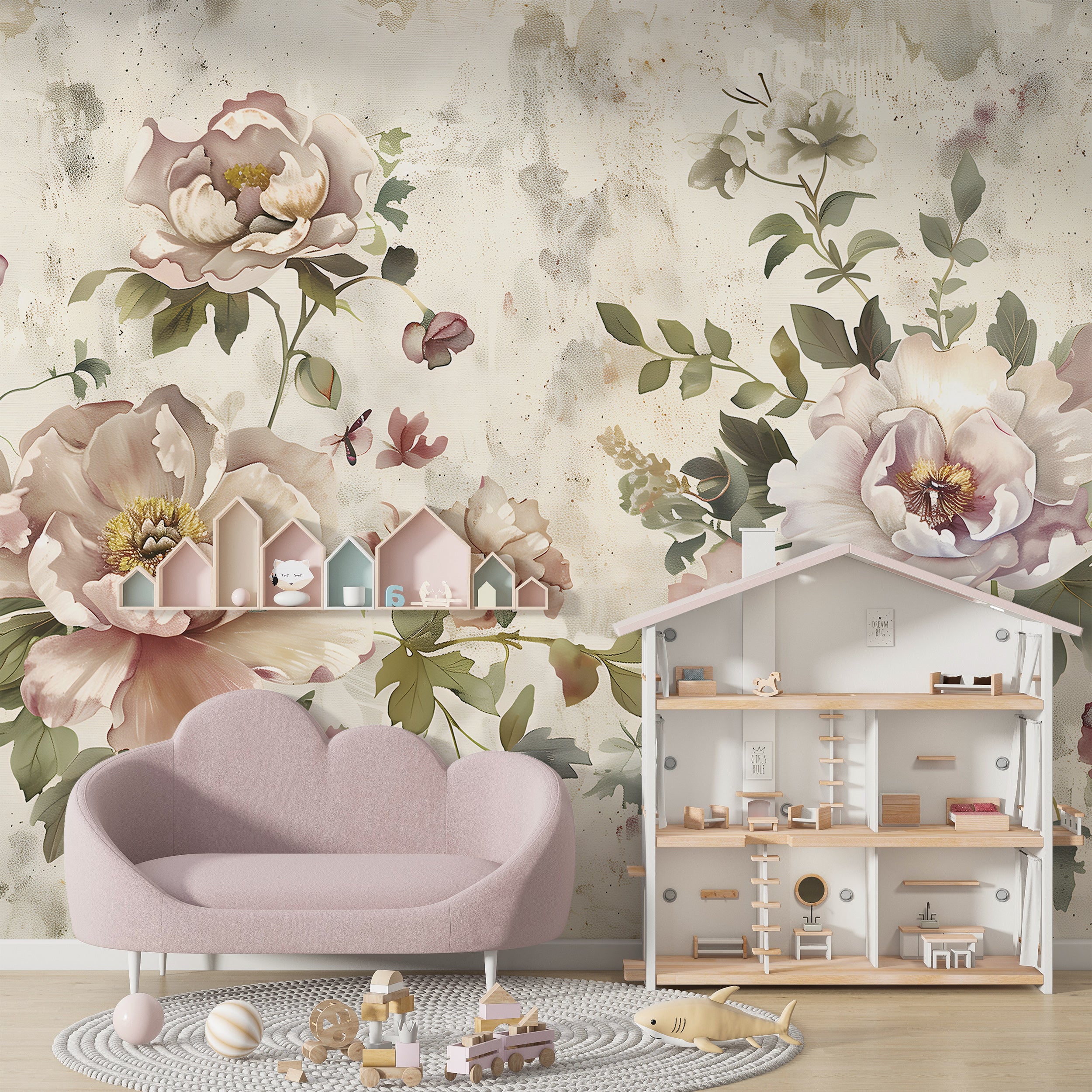 Large Flowers Wall Mural, Peel and Stick Floral Wallpaper, Beige Flowers and Butterflies Mural, Pink Flowers and Green Leaves Wall Decor