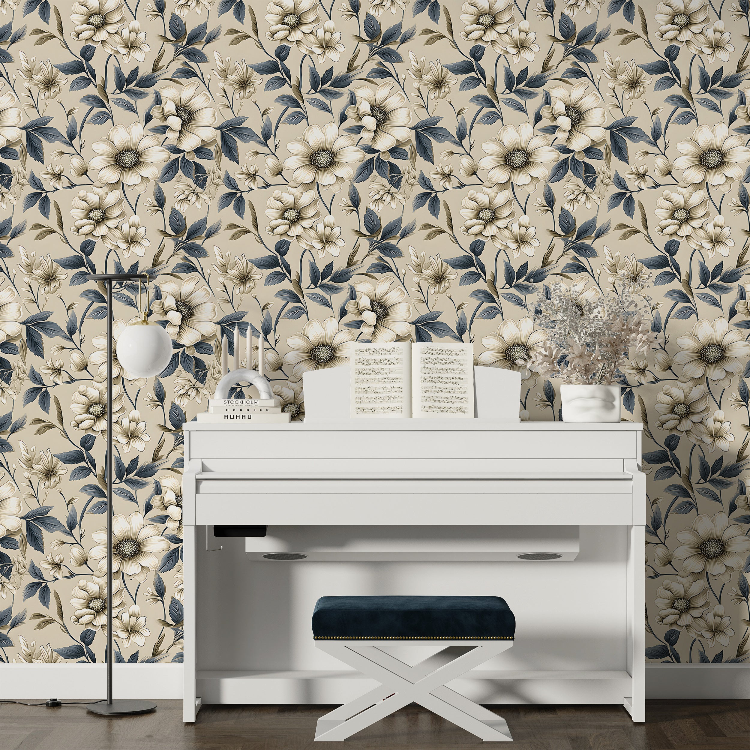 Removable Blue Flower Wallpaper