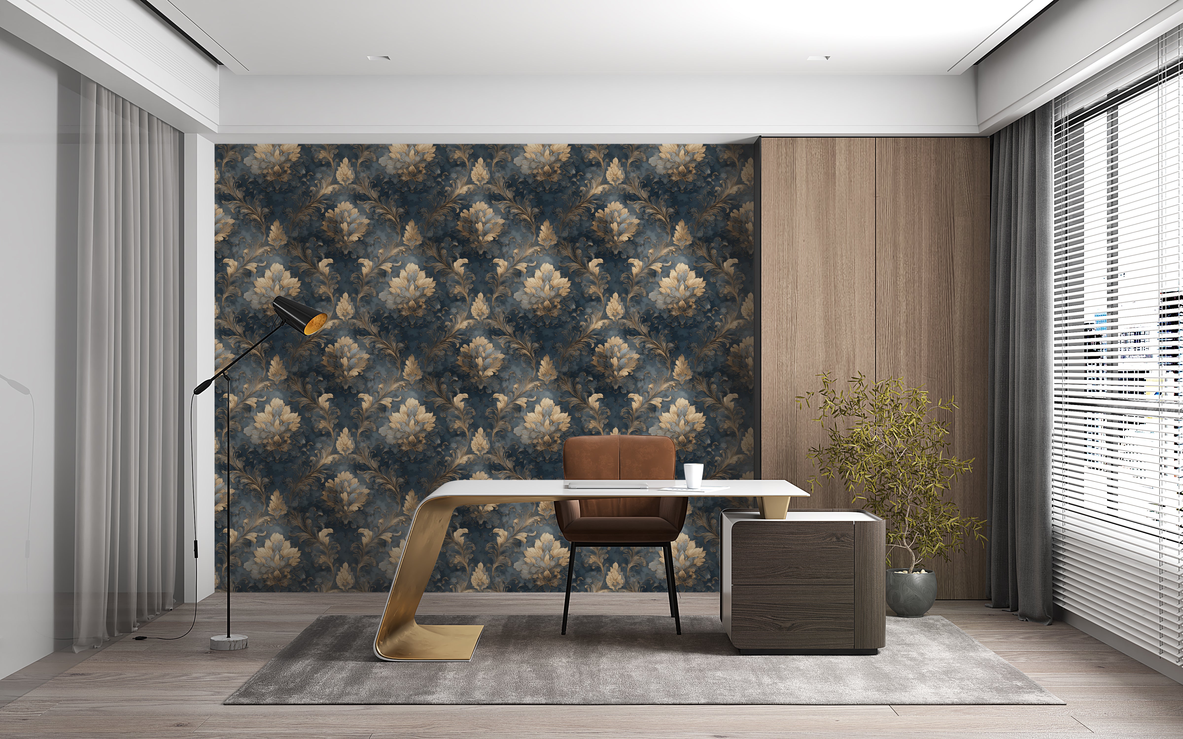 Luxury damask wallpaper in navy blue and gold with baroque floral medallions, shown as stylish accent wall in modern home office