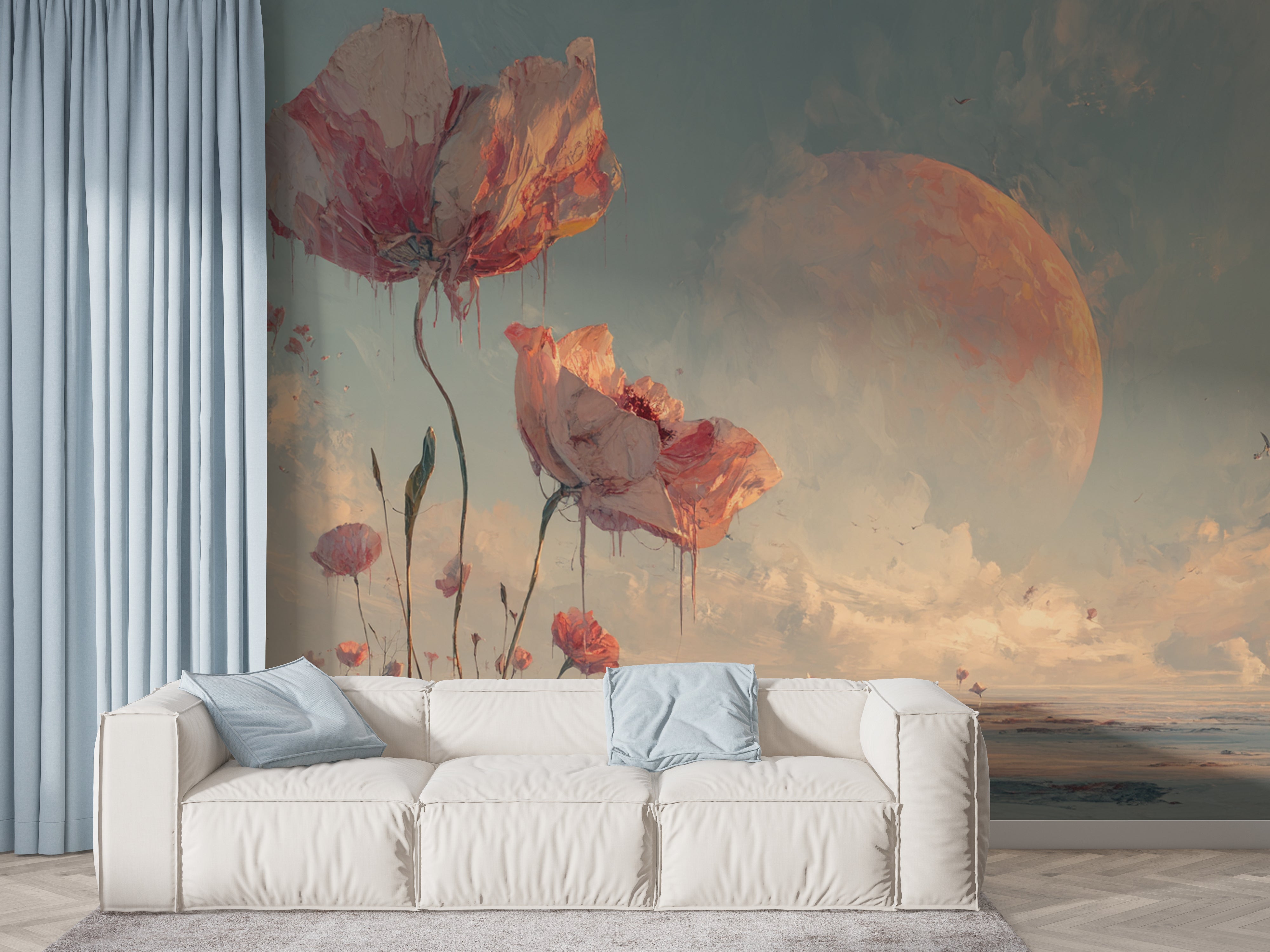 Surreal Floral Wallpaper Mural – Giant Pink Flowers in Dream Desert Landscape with Moon, Fantasy Wall Art for Bedroom or Creative Space