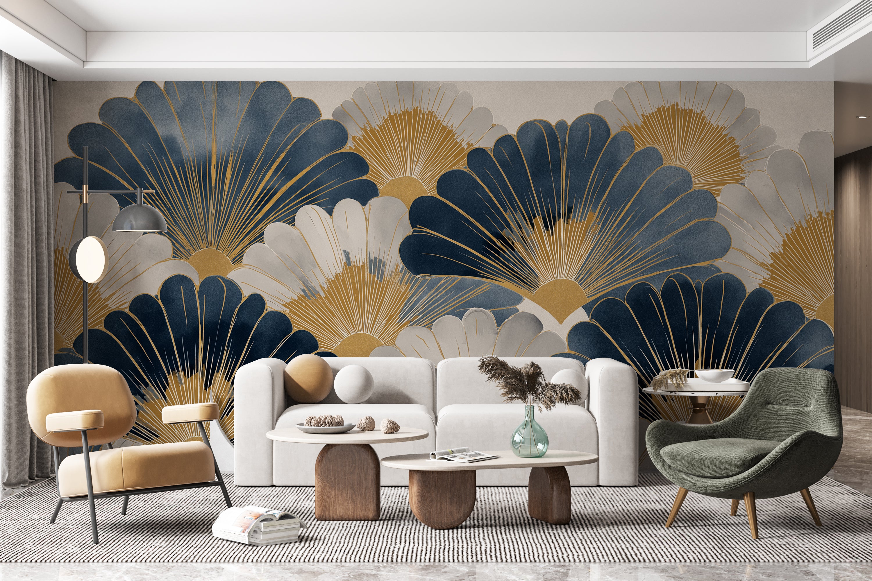 1920s inspired wall mural
oversized fan pattern decor