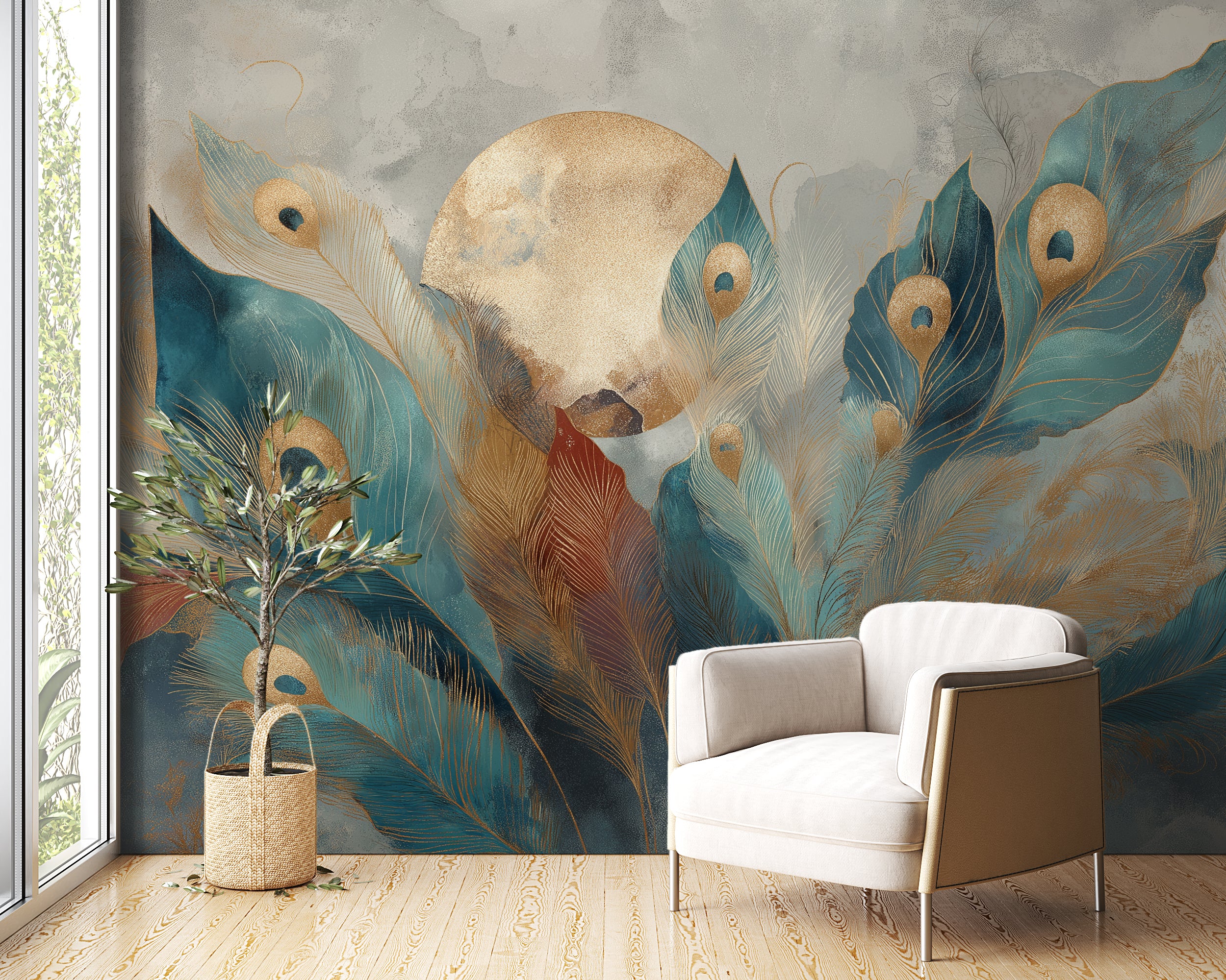 Luxurious peacock feather mural with teal and gold accents