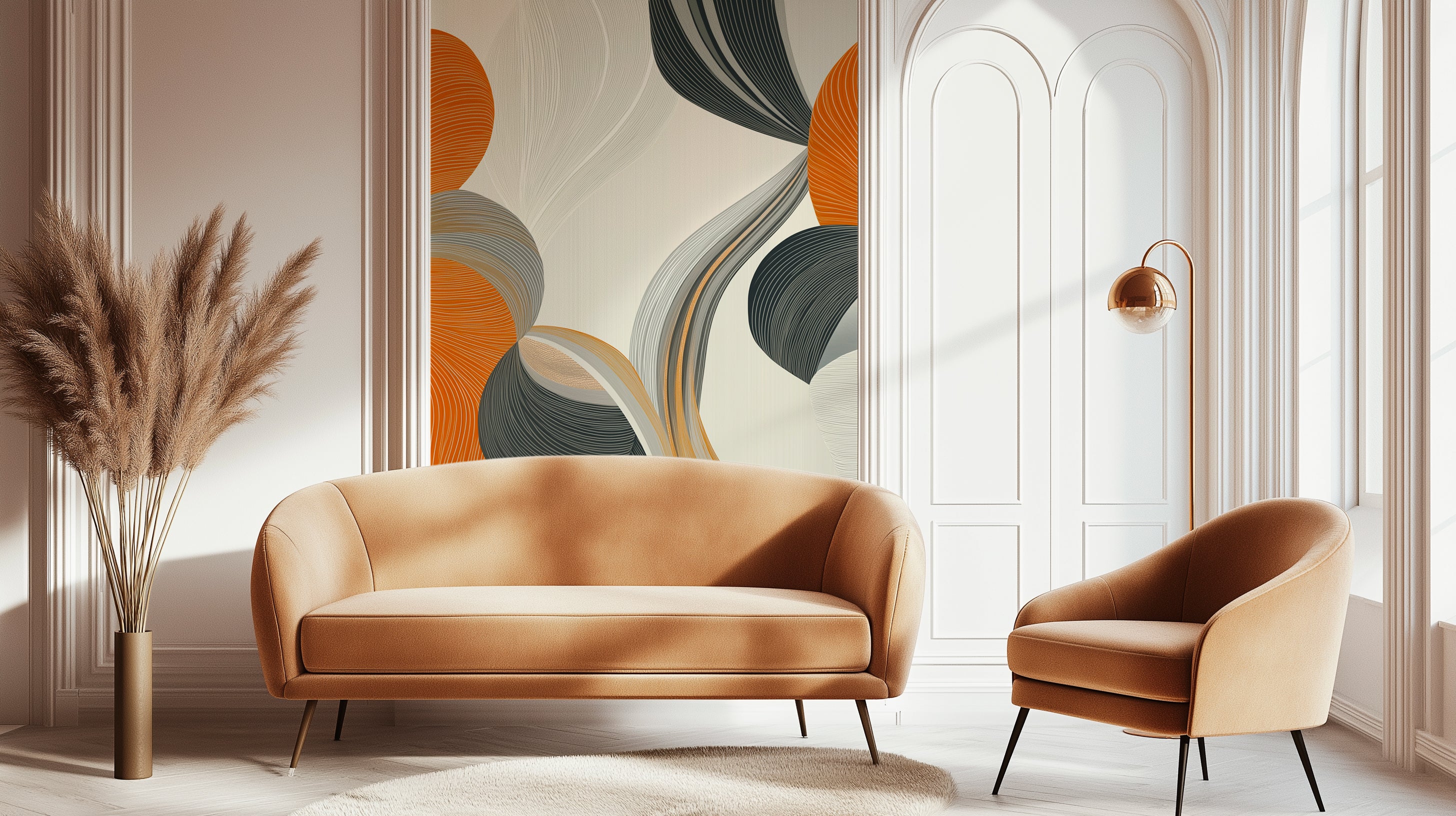 Abstract floral pattern with flowing curved shapes in earthy orange, gray, and beige tones, modern decorative background for design projects