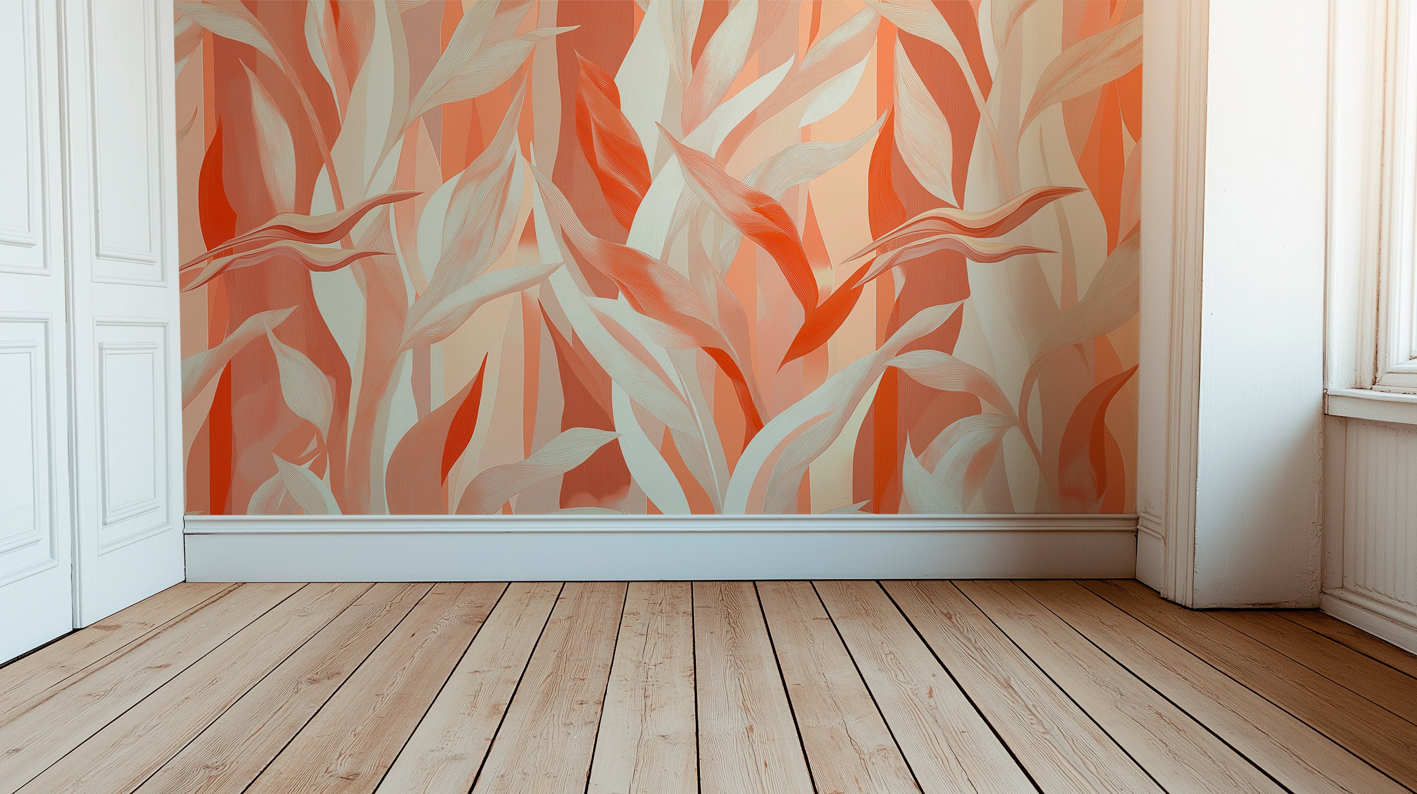 Elegant abstract mural with flowing leaves in warm orange and beige tones, modern nature-inspired background for design and decoration
