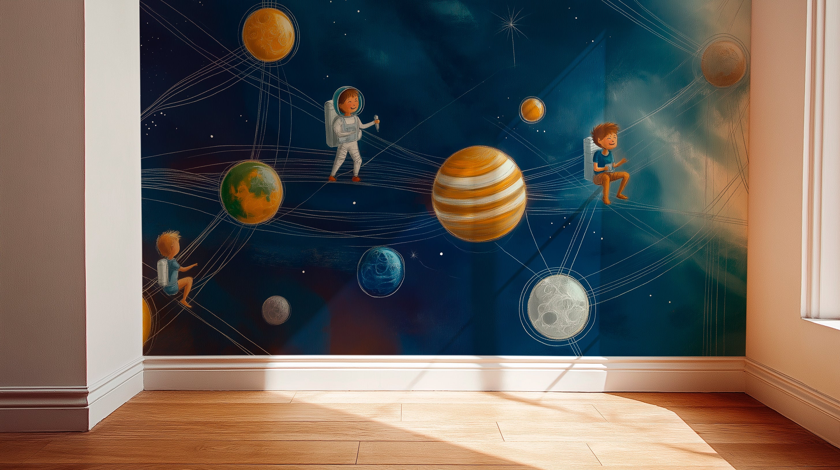 Whimsical space adventure with children exploring planets on cosmic paths, dreamy fantasy illustration of kids traveling through the universe. Mural.