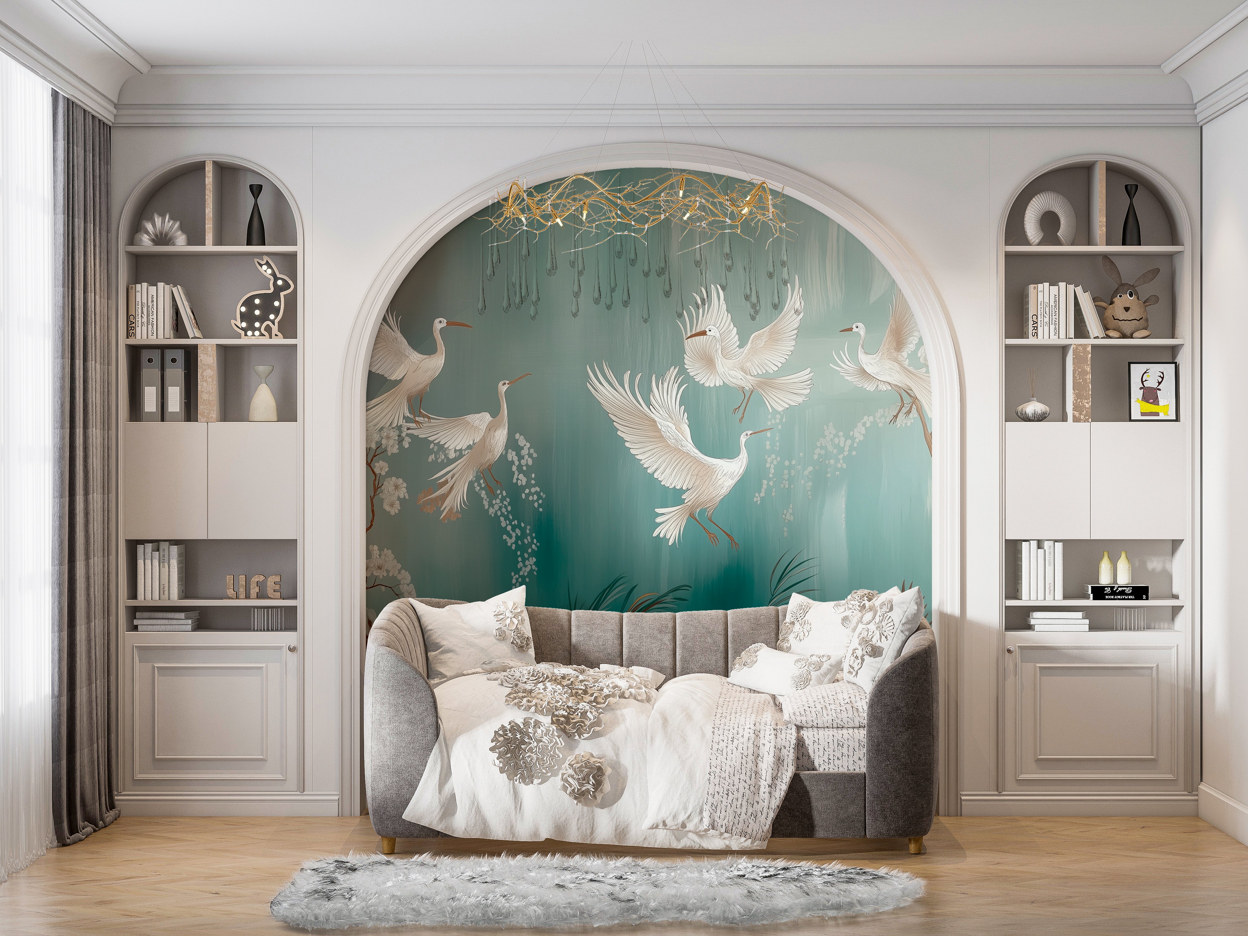 Elegant Floral Bird Wallpaper – Vintage Botanical Wall Decor for Living Room