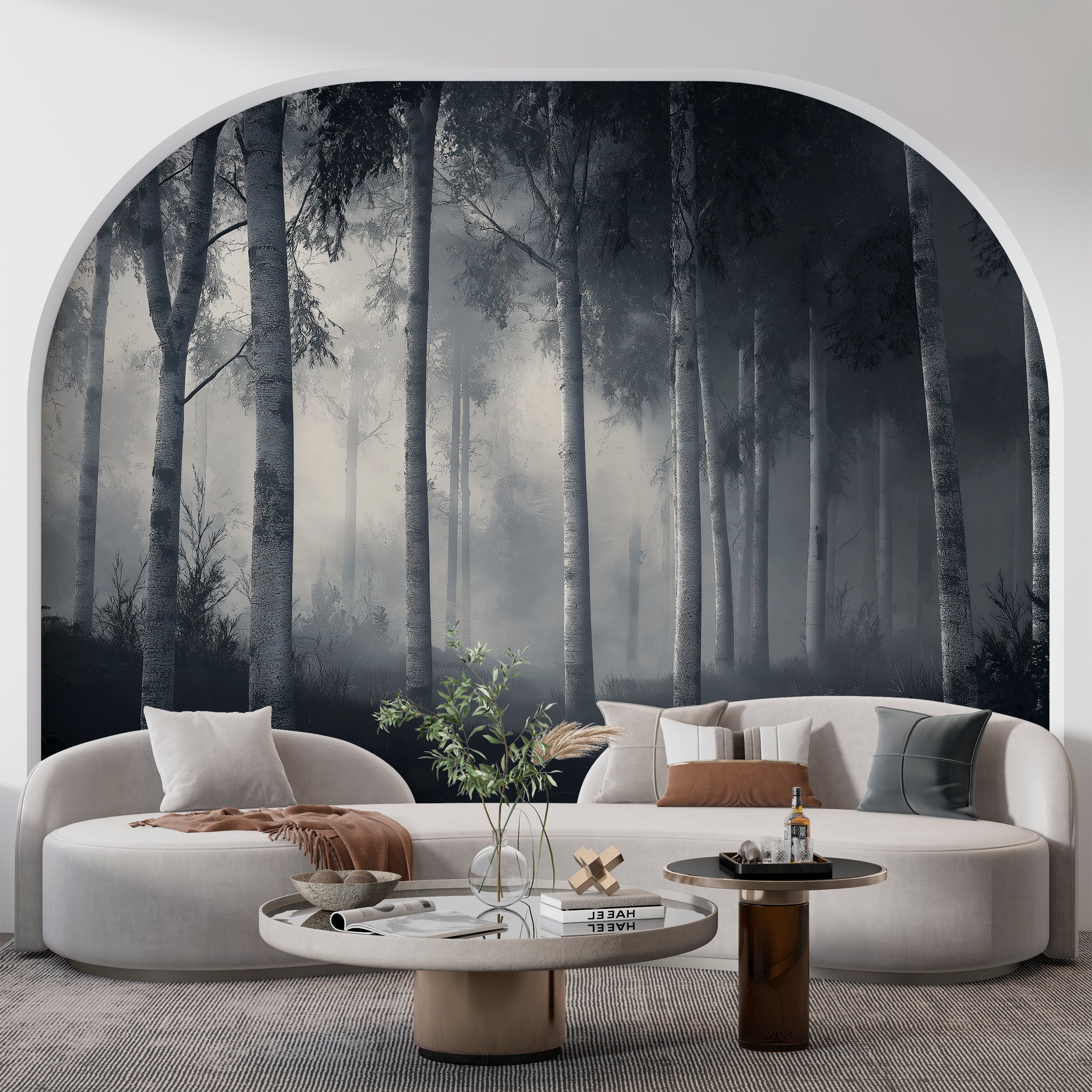 Forest Misty Trees Wallpaper – Nature Wall Decor, Woodland Scene, Black & White Aesthetic