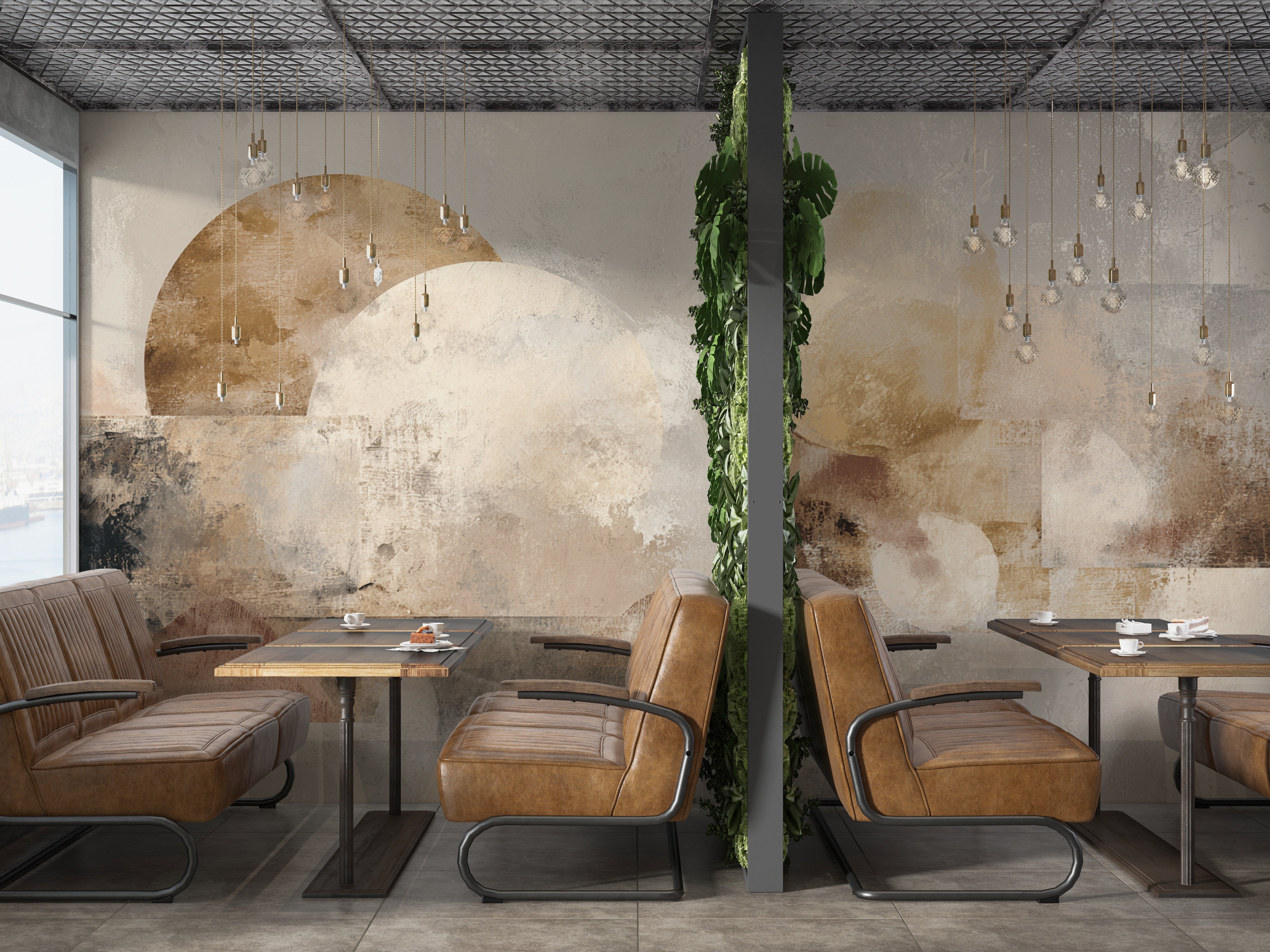 Neutral geometric mural with textured abstract forms in beige and gold
