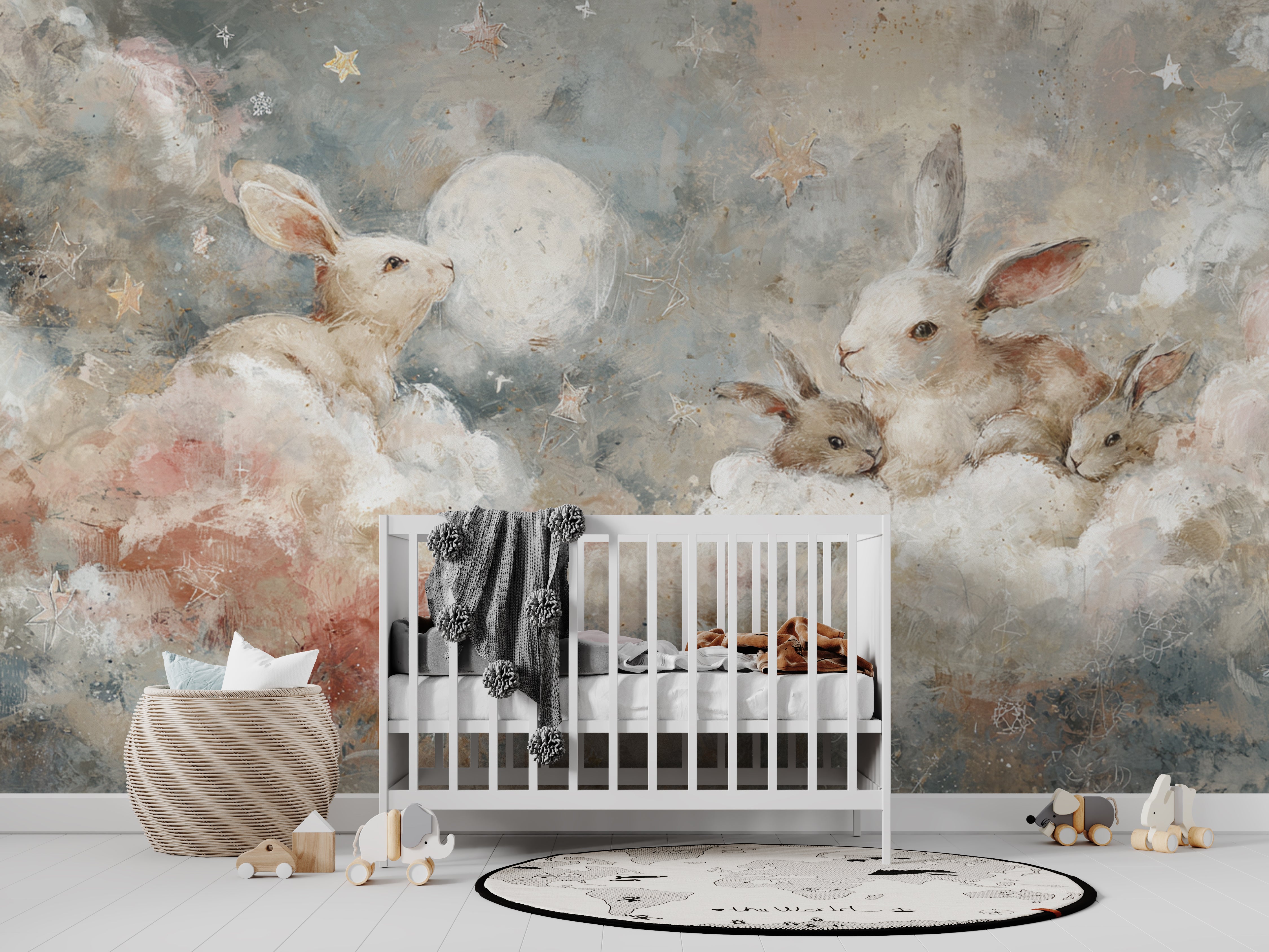 Pastel Bunny Mural for Nursery Kids Room Wall Art with Moon Stars and Clouds in Soft Colors