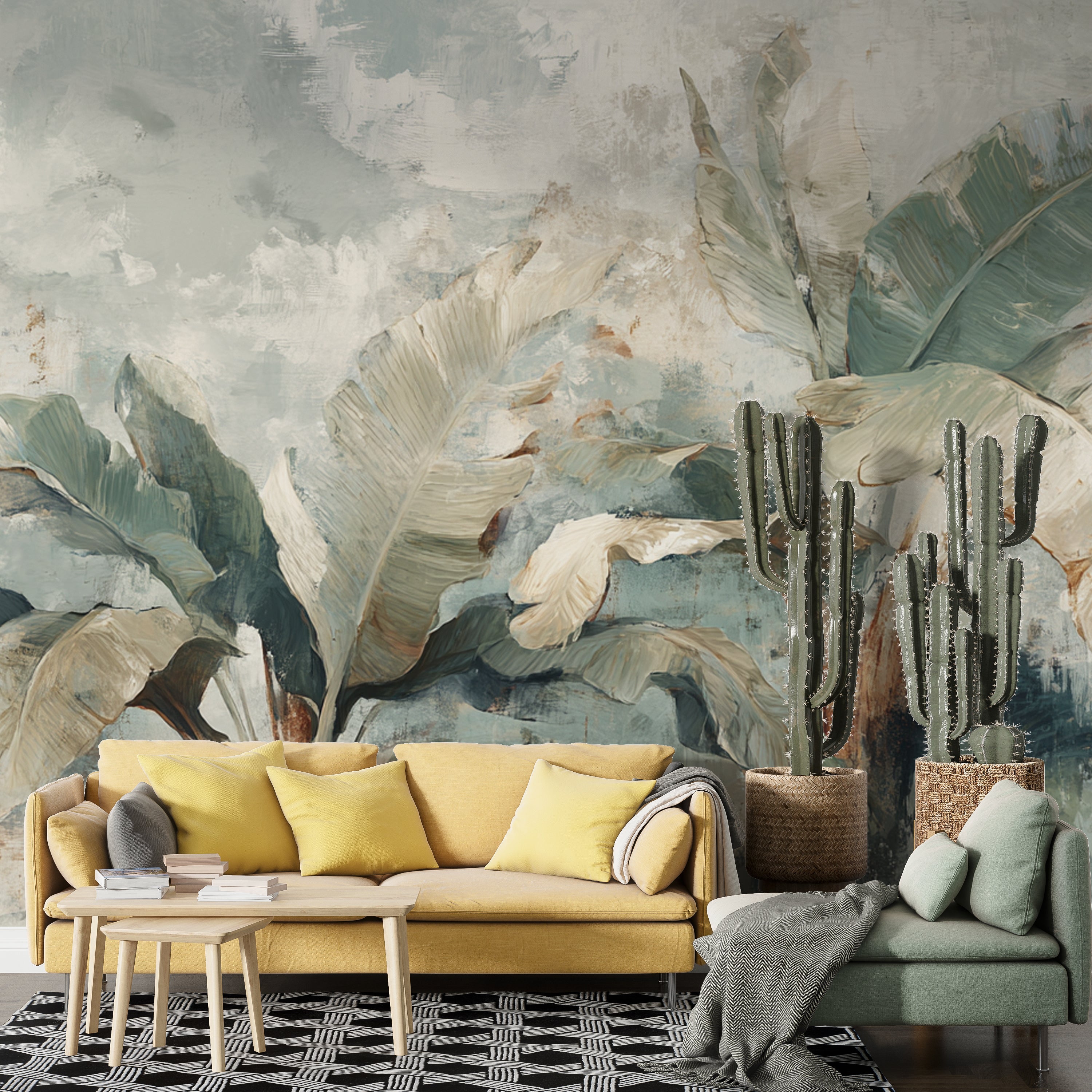 Botanical Wall Mural with Tropical Banana Leaves in Muted Green and Cream for Jungle Inspired Decor