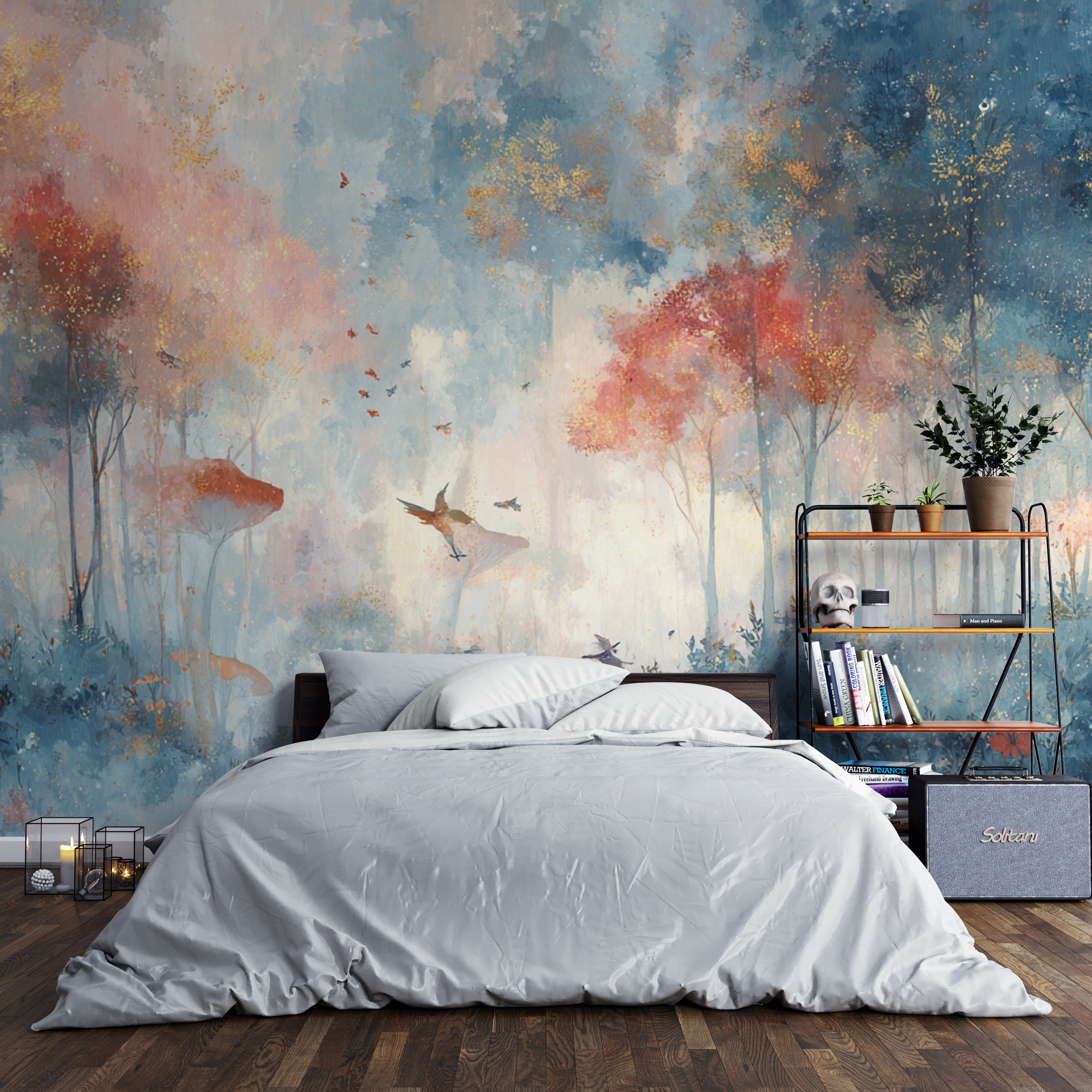 Fantasy Forest Wallpaper Mural – Magical Woodland Wall Art with Birds, Glowing Trees, Dreamy Blue and Coral Colors for Kids or Boho Rooms