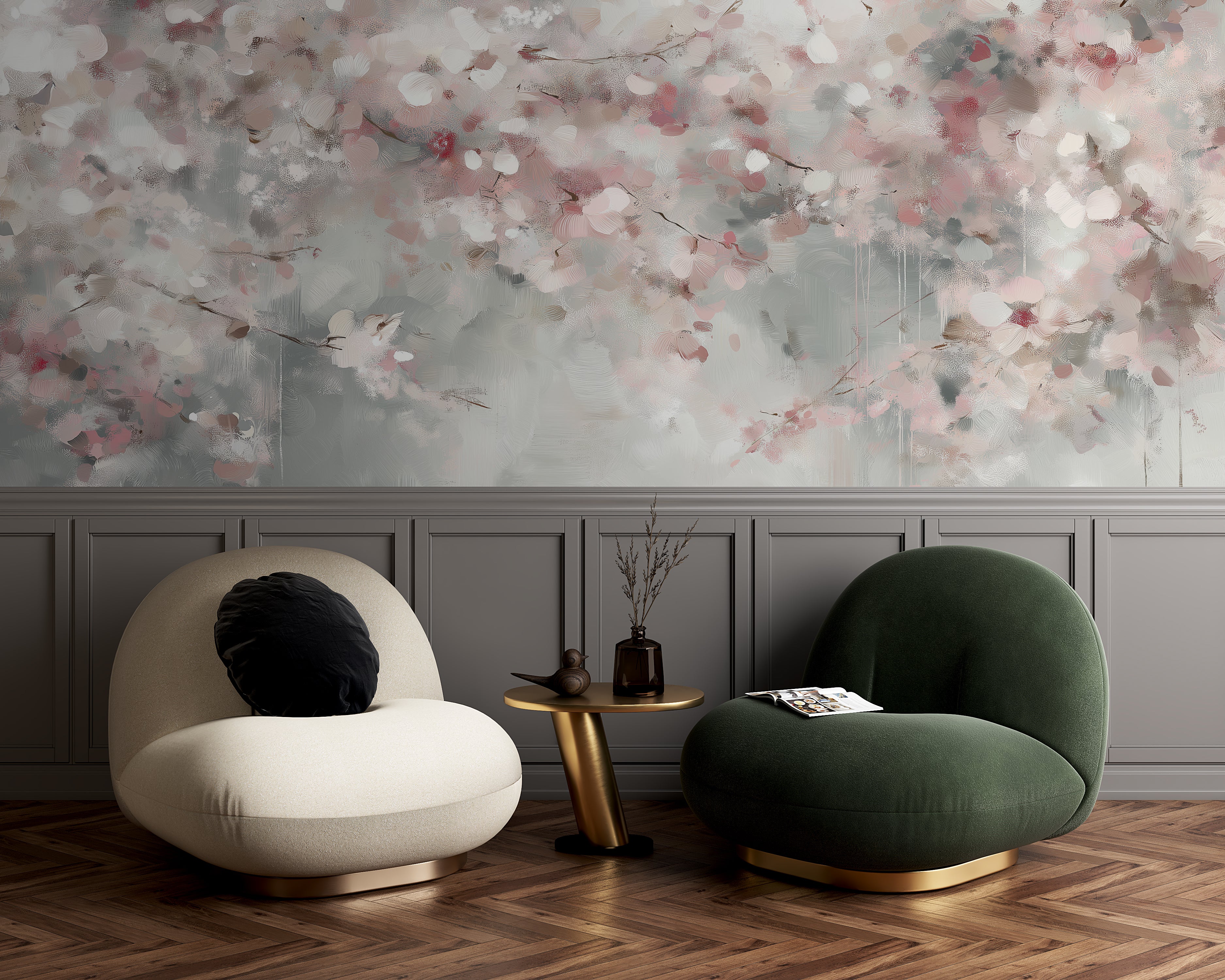Painterly sakura wall mural for serene Japanese-inspired interiors