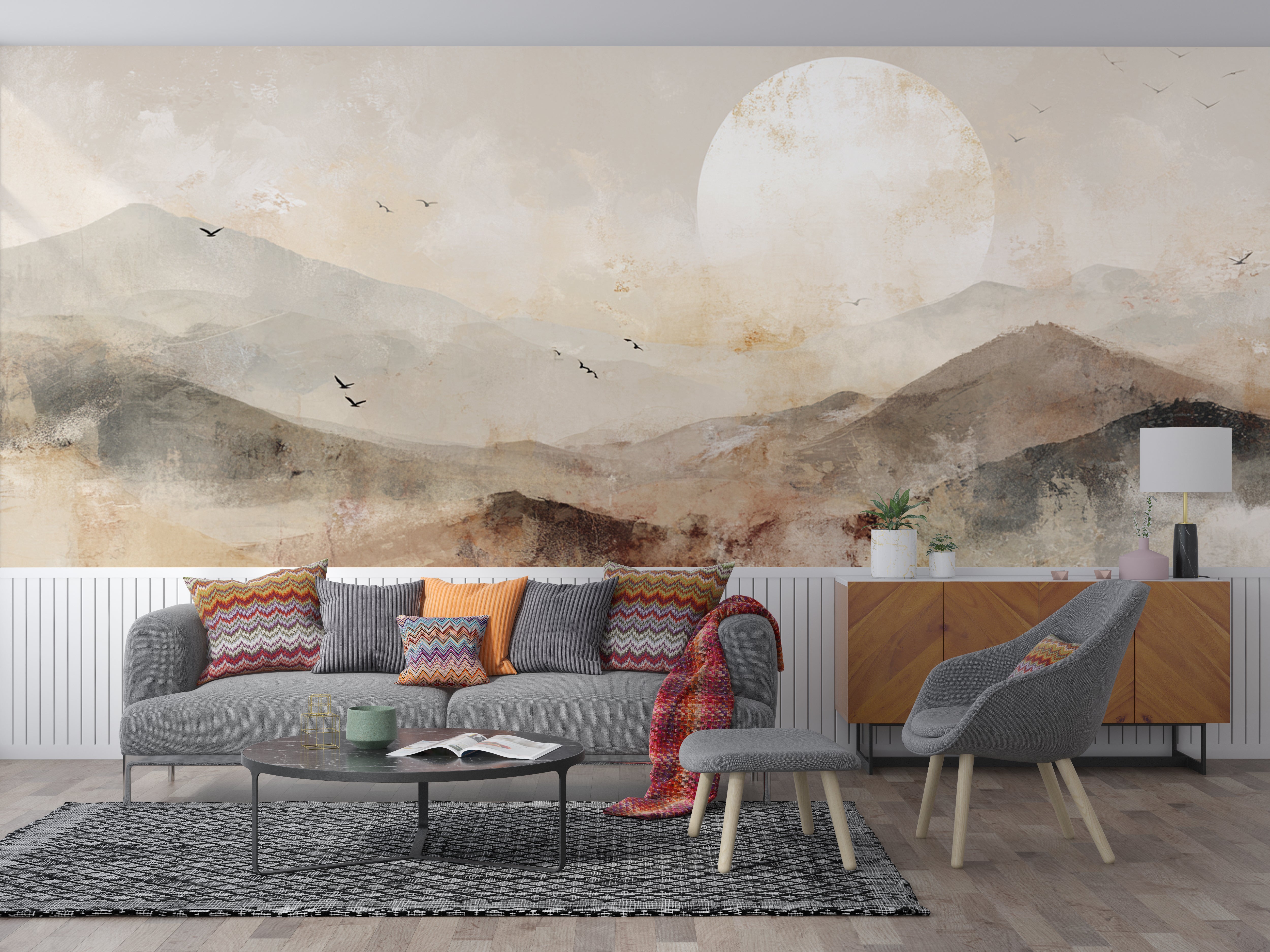 Japandi style mural with soft beige earthy mountain scenery