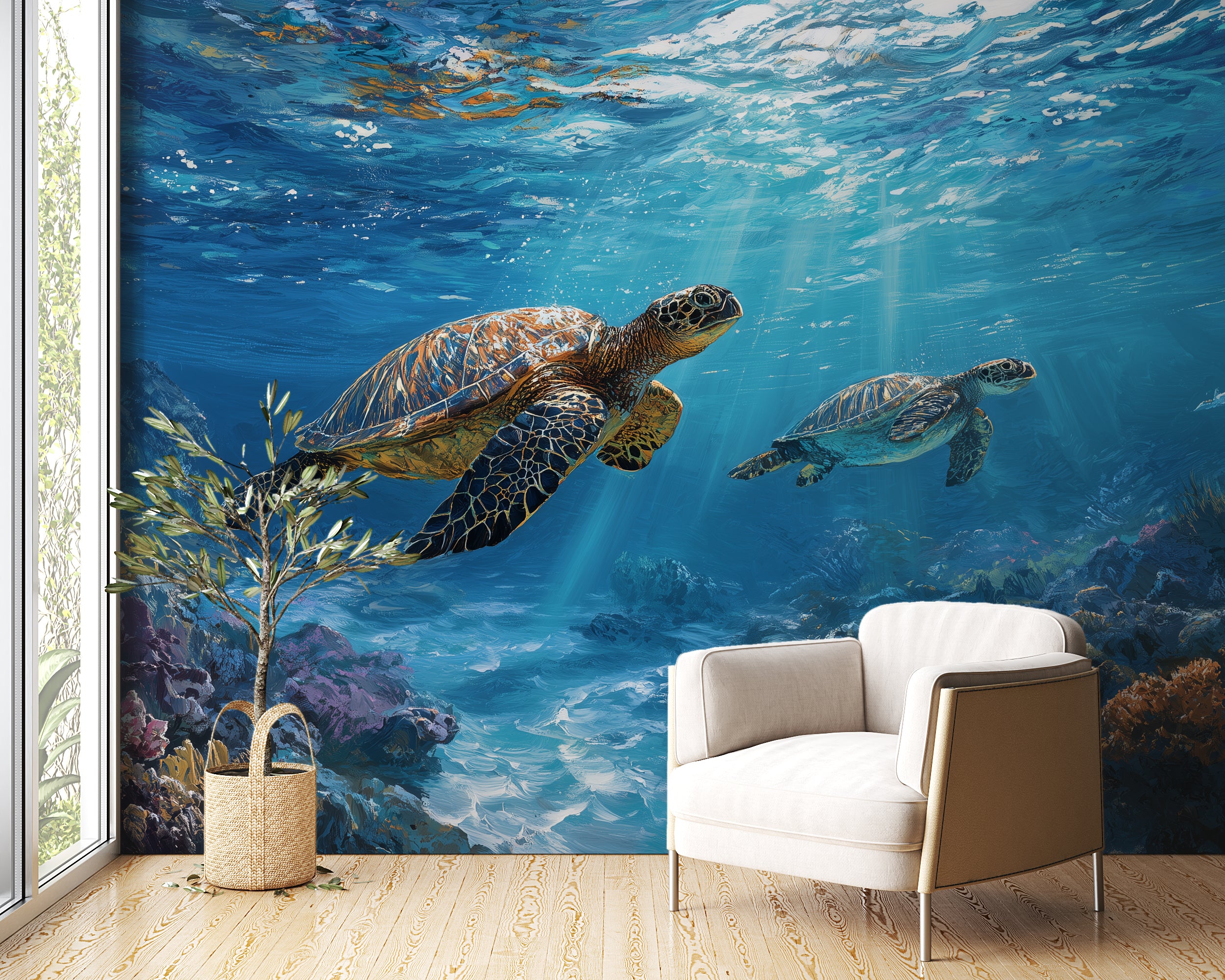 sea turtles swimming blue ocean wallpaper