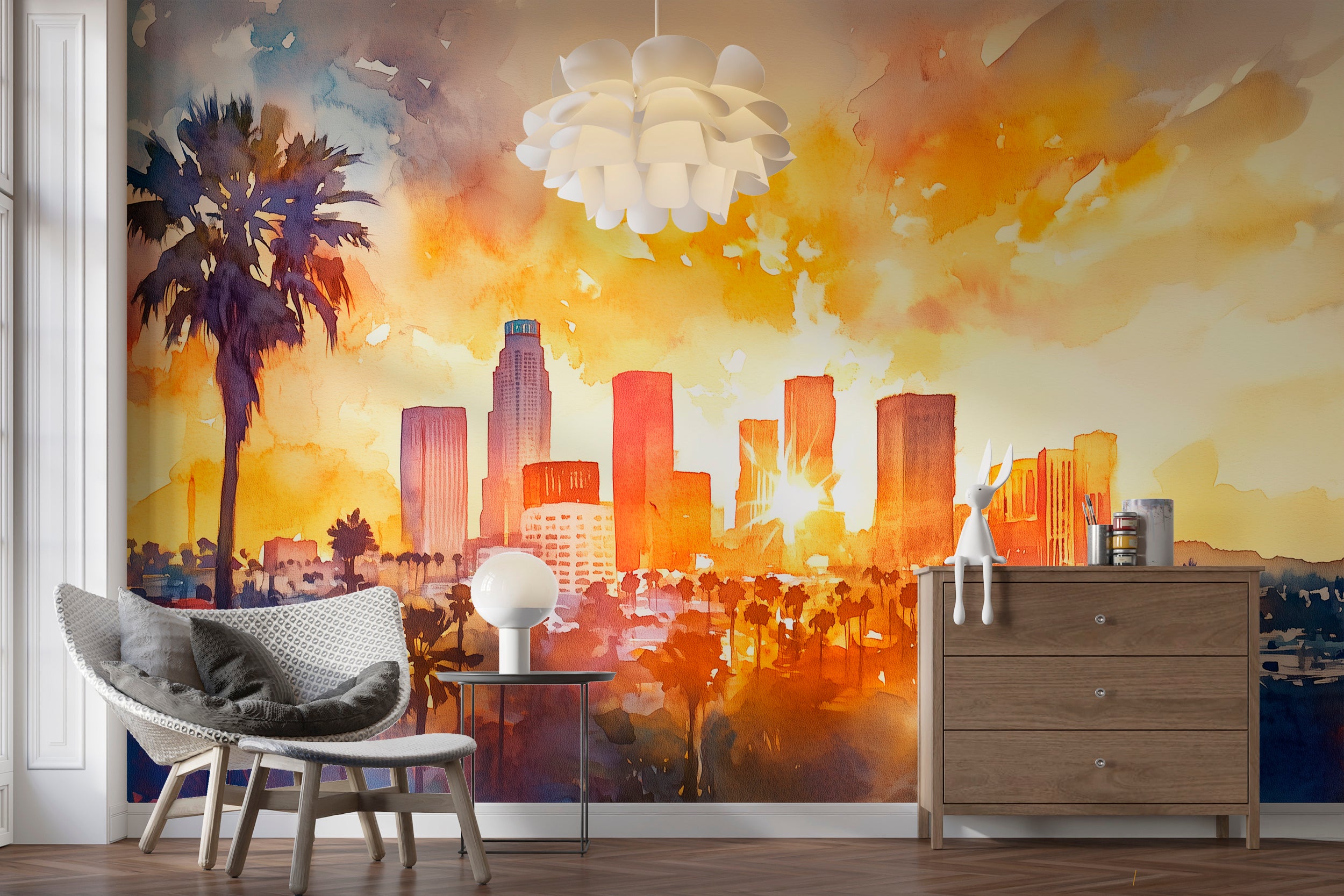 Los Angeles Sunset Mural, Peel and Stick Watercolor City Wallpaper, Los Angeles Downtown Art, California Iconic View Wall Decor