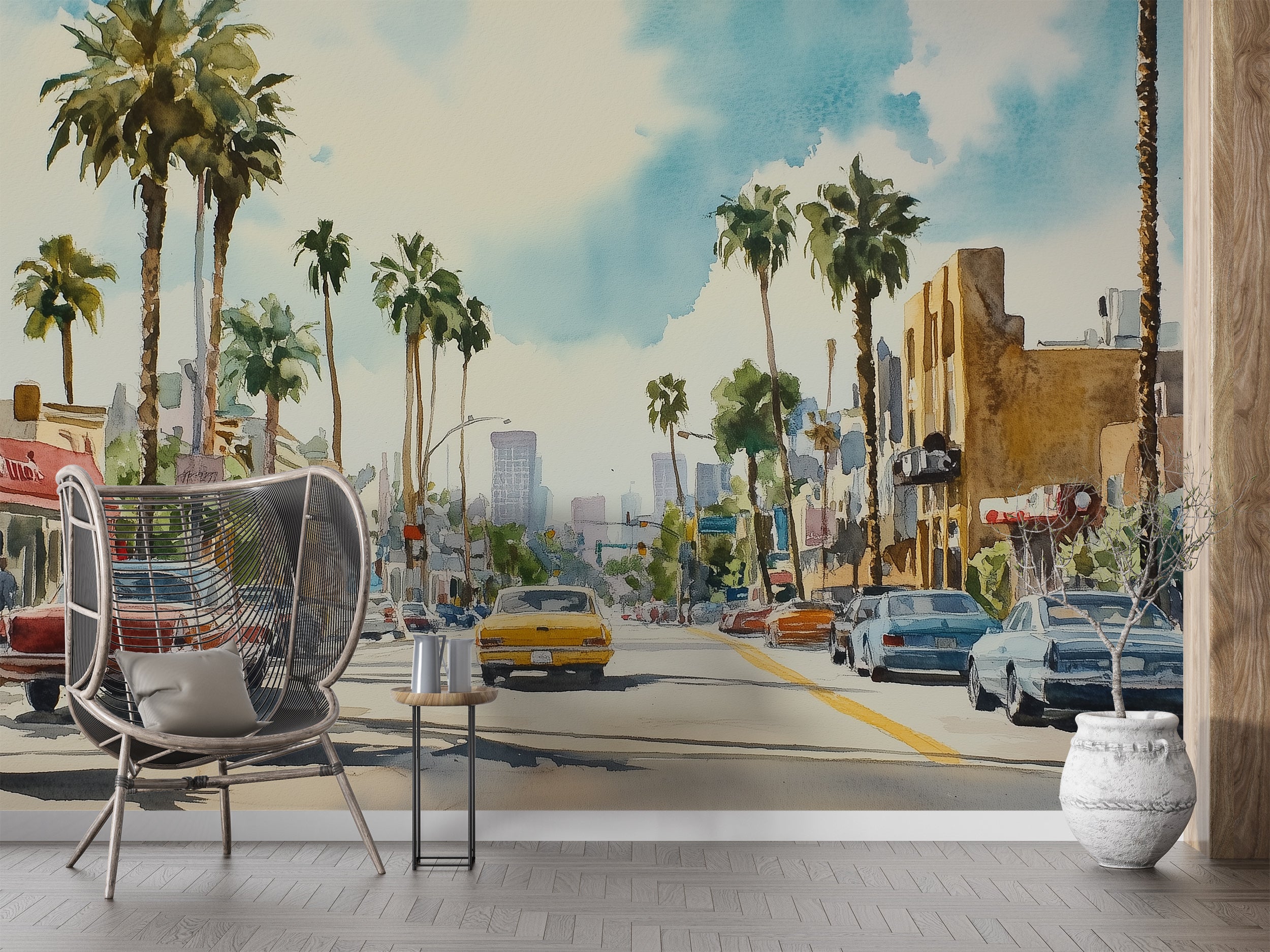 Los Angeles 60th Wallpaper, Peel and Stick Retro Cars in California, Watercolor Los Angeles Street Old Photo Wallpaper