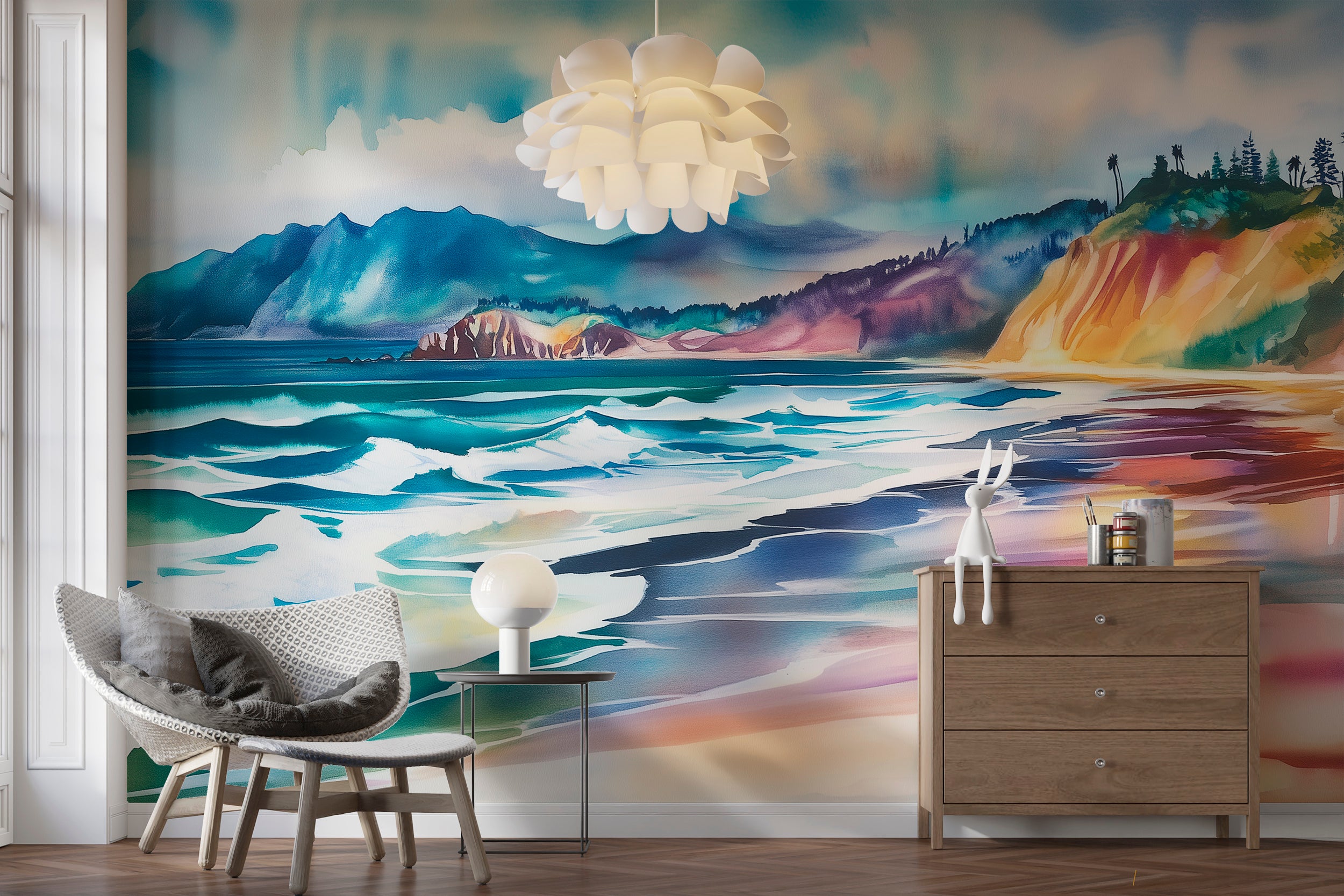 Colorful Beach Wallpaper, Peel and Stick California Coastal Mural, Removable Ocean Wall Art, Watercolor Beach and Mountains Decor