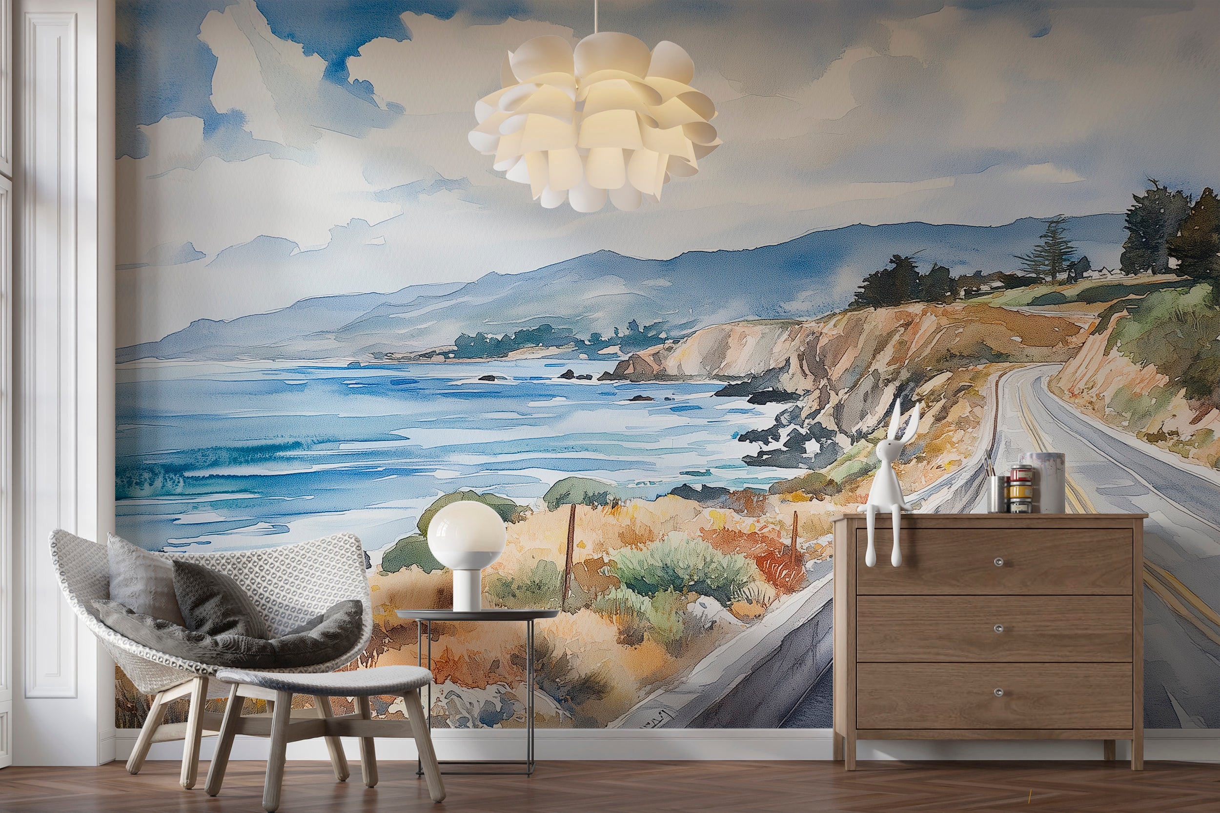 Watercolor Coastal Road Mural, Peel and Stick Breathtaking Ocean View Wallpaper, California Pacific Coast Highway Art