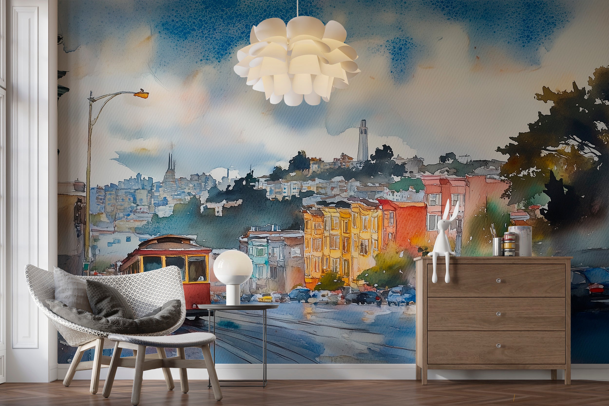 San Francisco Iconic View Mural, Peel and Stick City Landscape Wallpaper, Watercolor Colorful Tram in San Francisco Decor