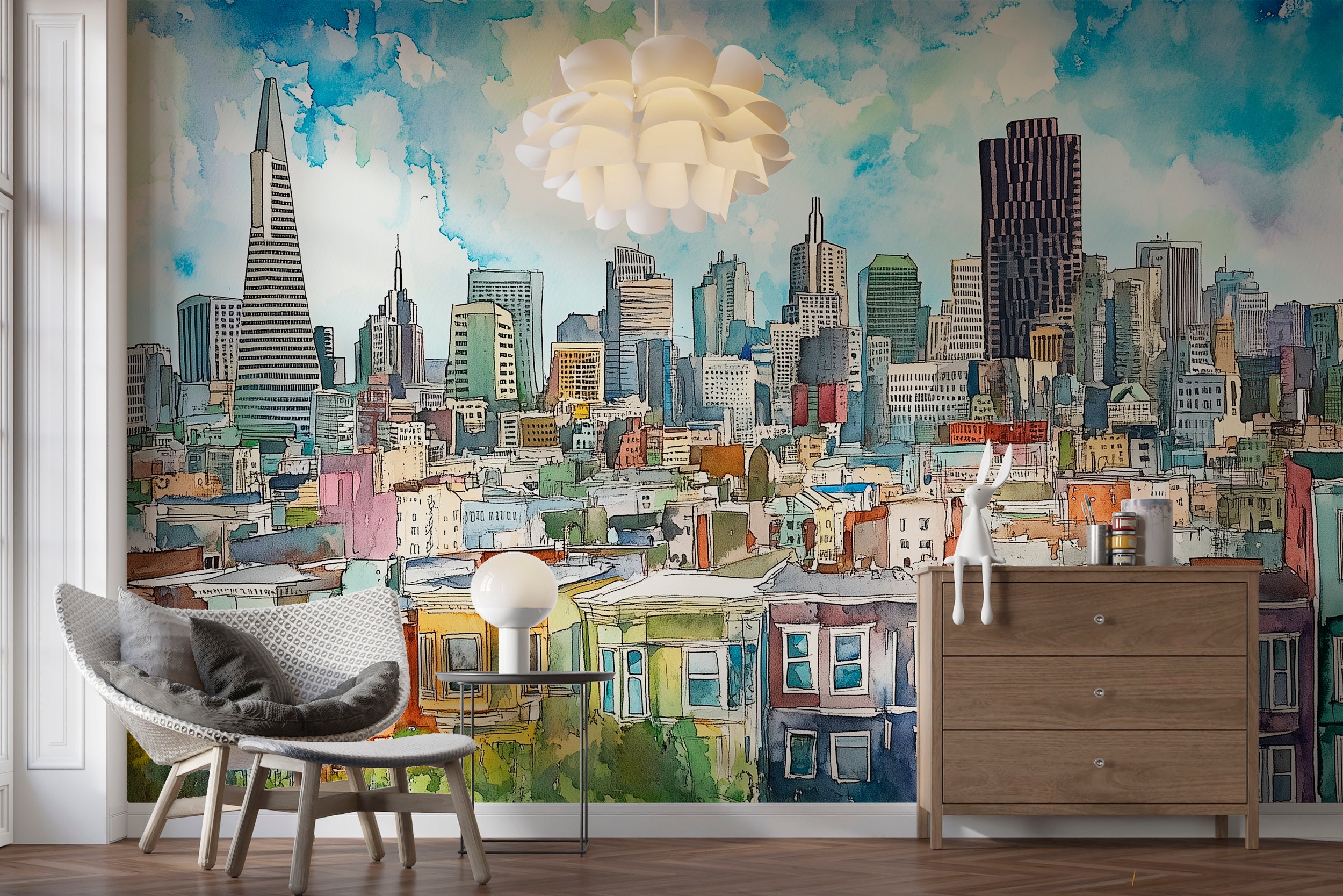San Francisco Colorful Houses Wall Mural, Peel and Stick California Wallpaper, Watercolor San Francisco Downtown Mural