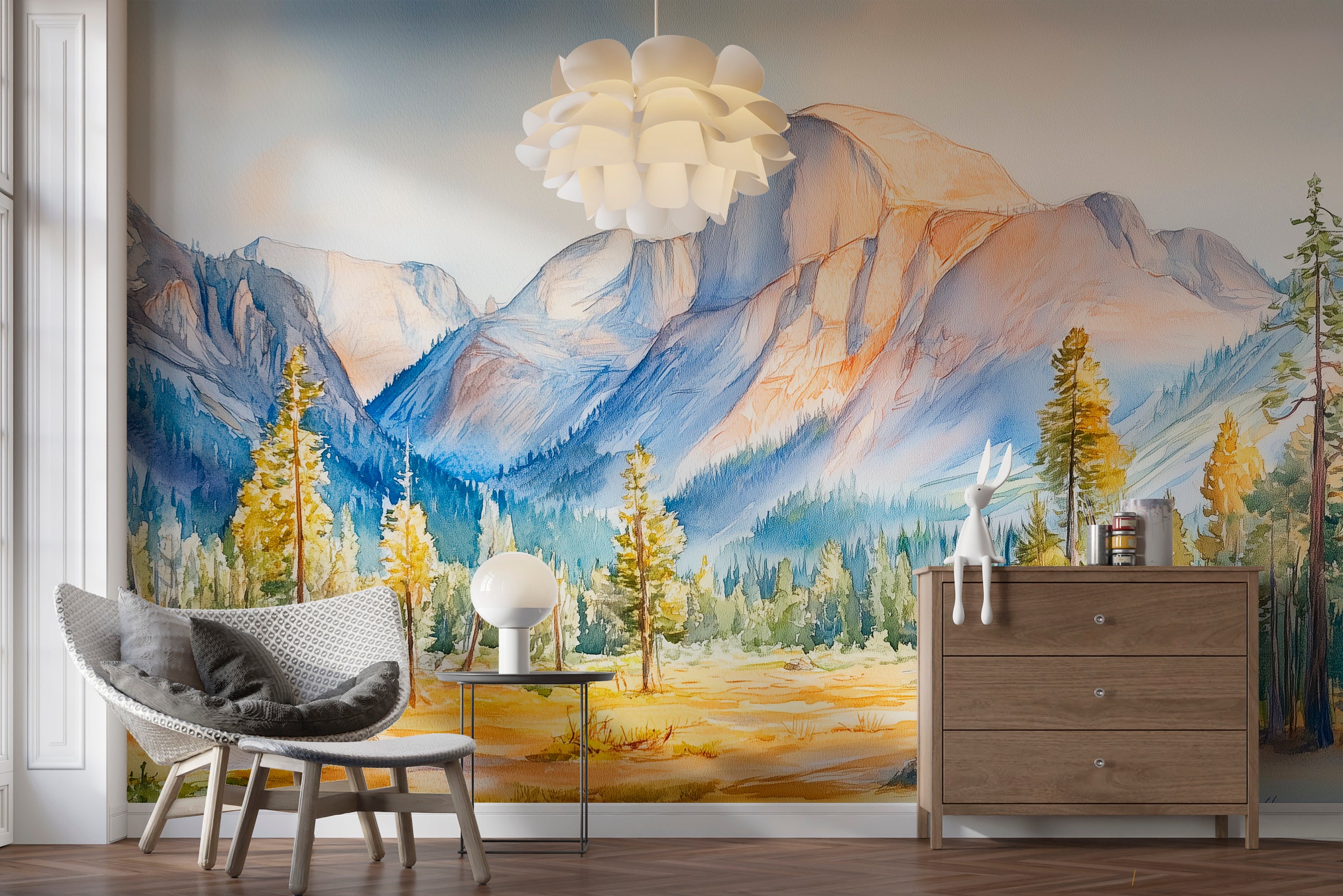Yosemite Park Wall Mural, Peel and Stick California Rock Mountains Wallpaper, Watercolor National Part Pine Forest Decor