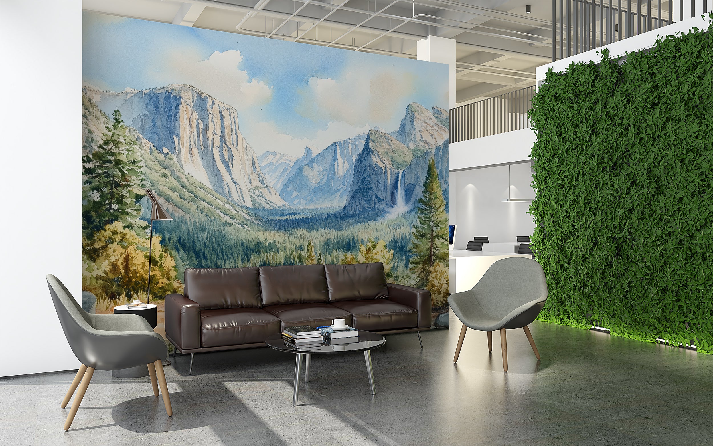 Watercolor Mountain Valley Mural, Peel and Stick National Park Wallpaper, Removable Yosemite Park Scenic Wall Decor
