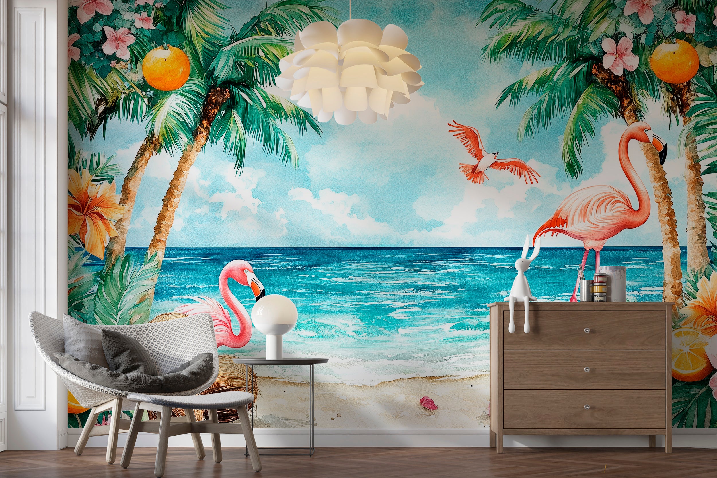 Dreamy Tropical Beach Mural, Peel and Stick Flamingos and Palm Trees Wallpaper, Ocean Calm Beach Colorful Wall Decor